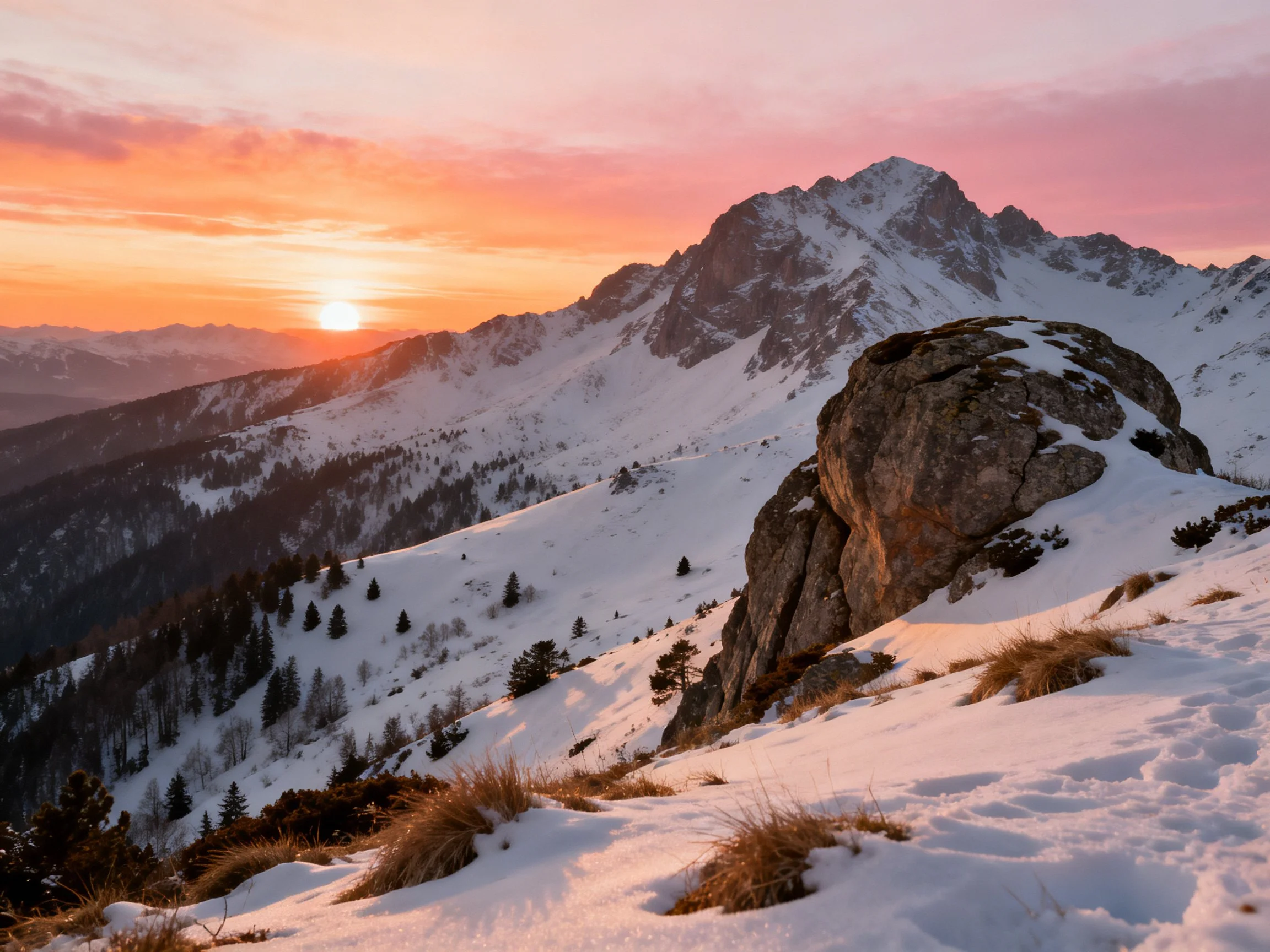 Snow-covered mountain peaks at colorful sunset with large rock