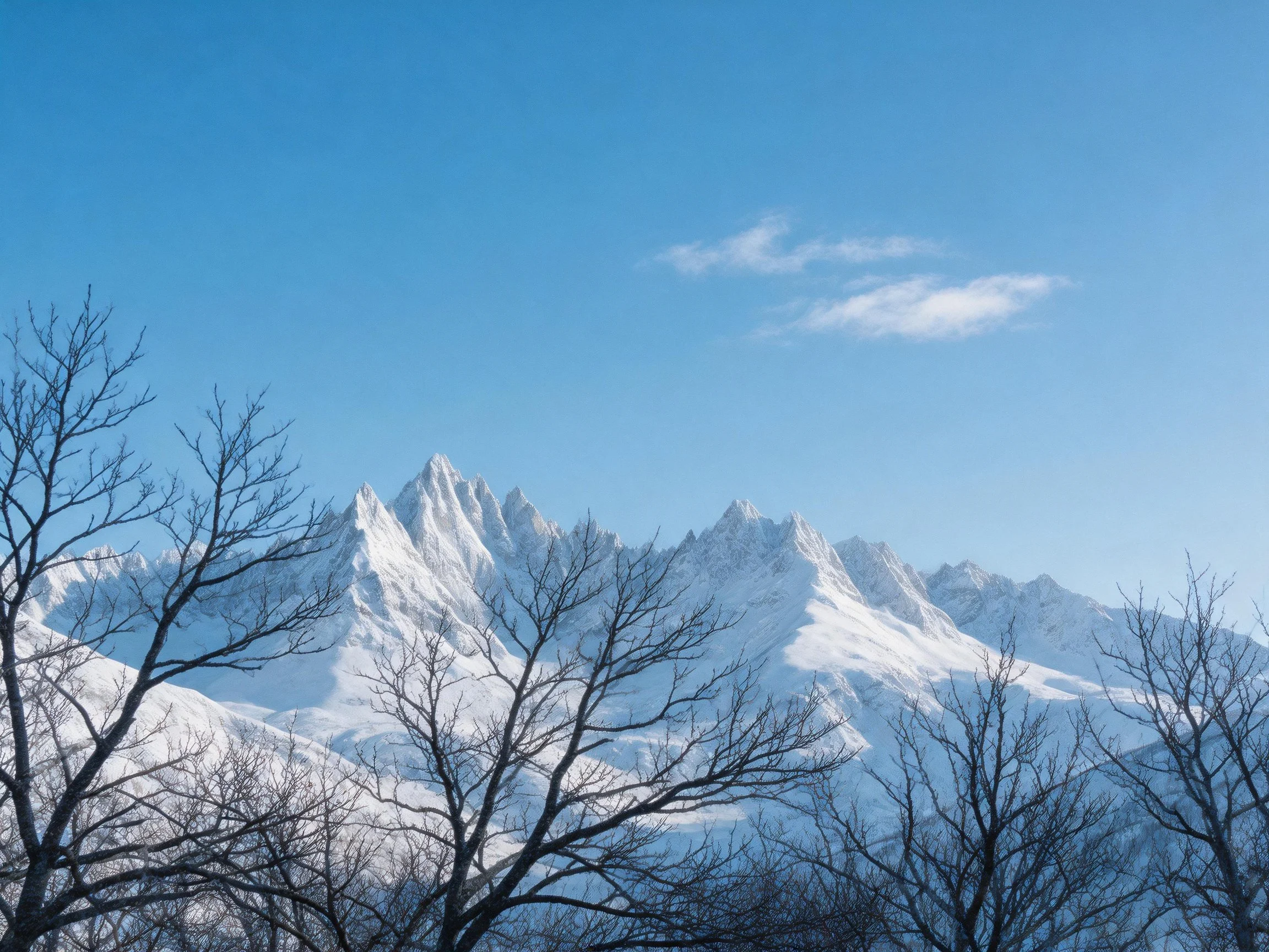 Snow-covered mountain peaks beneath clear blue sky with bare tree branches