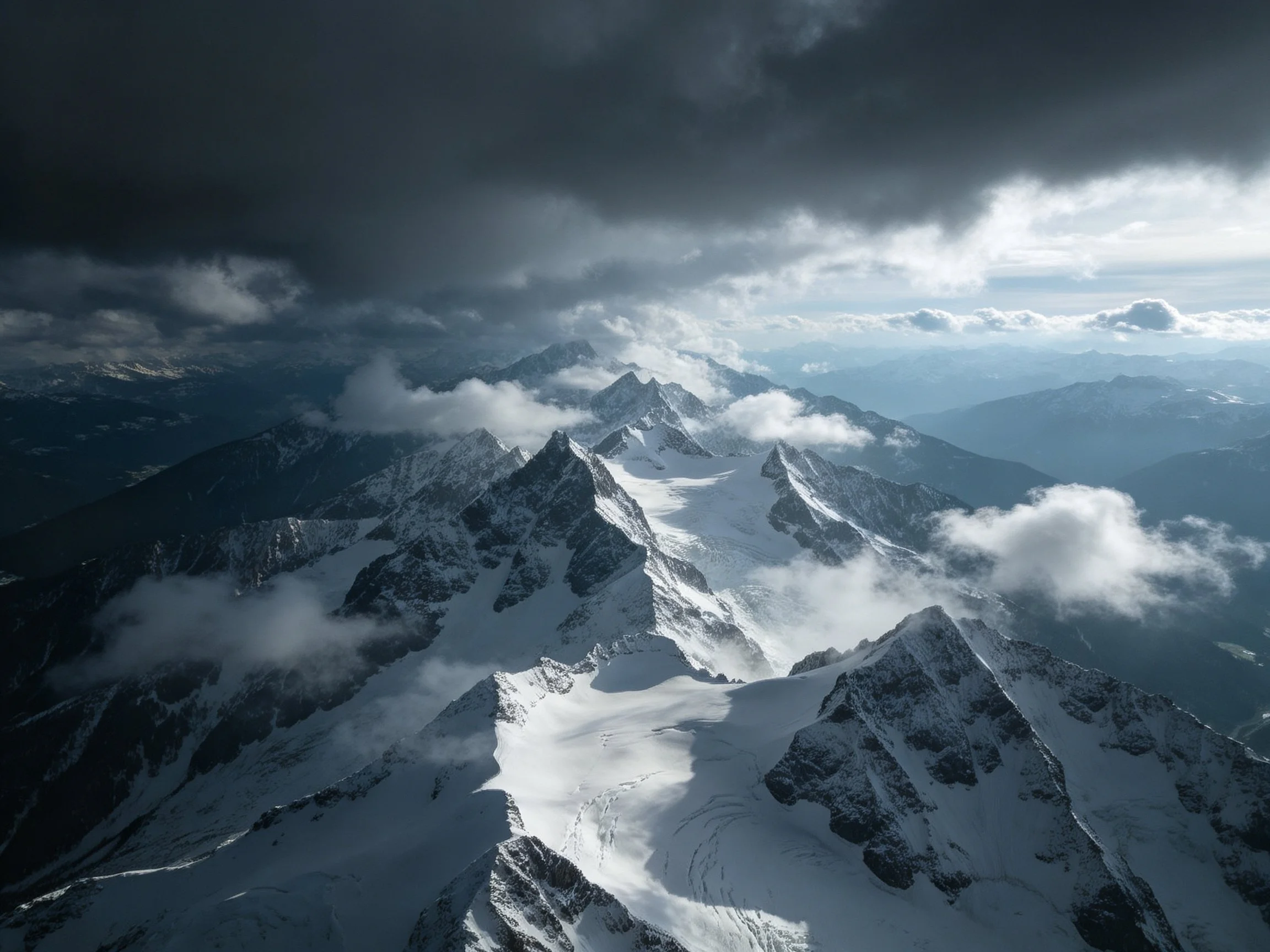 Snow-covered mountain peaks beneath dramatic dark storm clouds