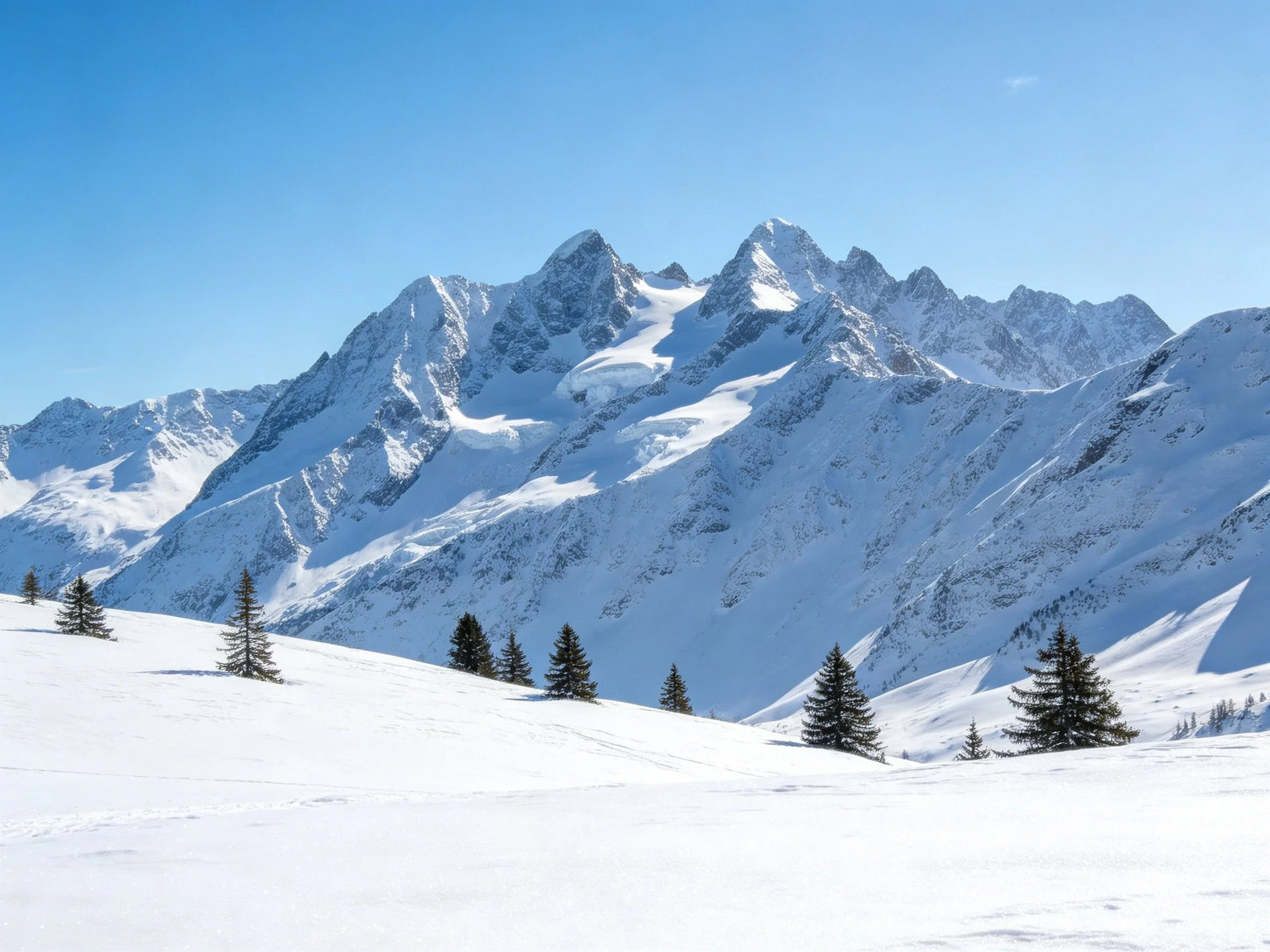 Snow-covered mountain peaks, clear blue sky, and scattered evergreen trees