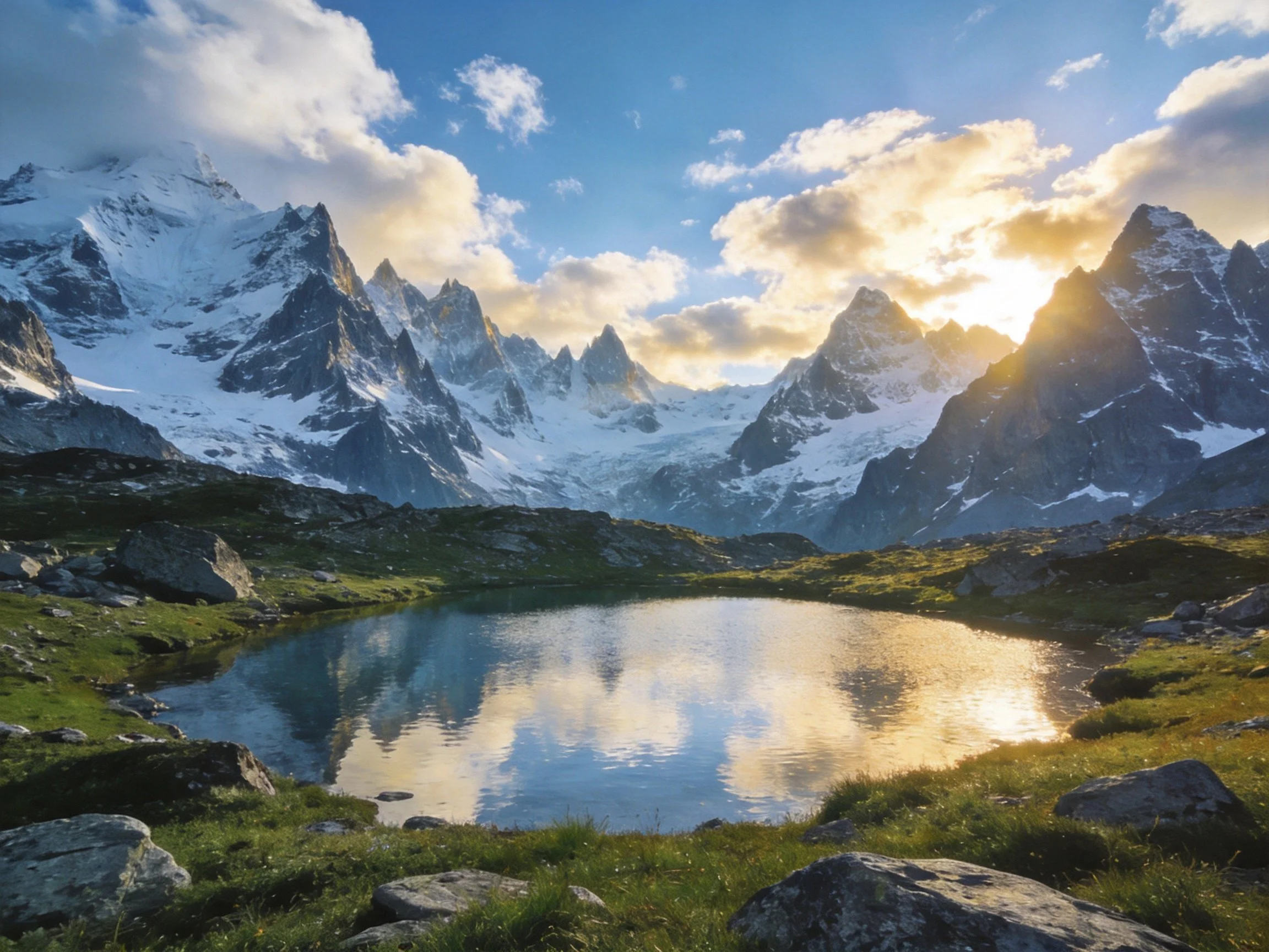 Snow-covered mountain peaks frame a reflective alpine lake