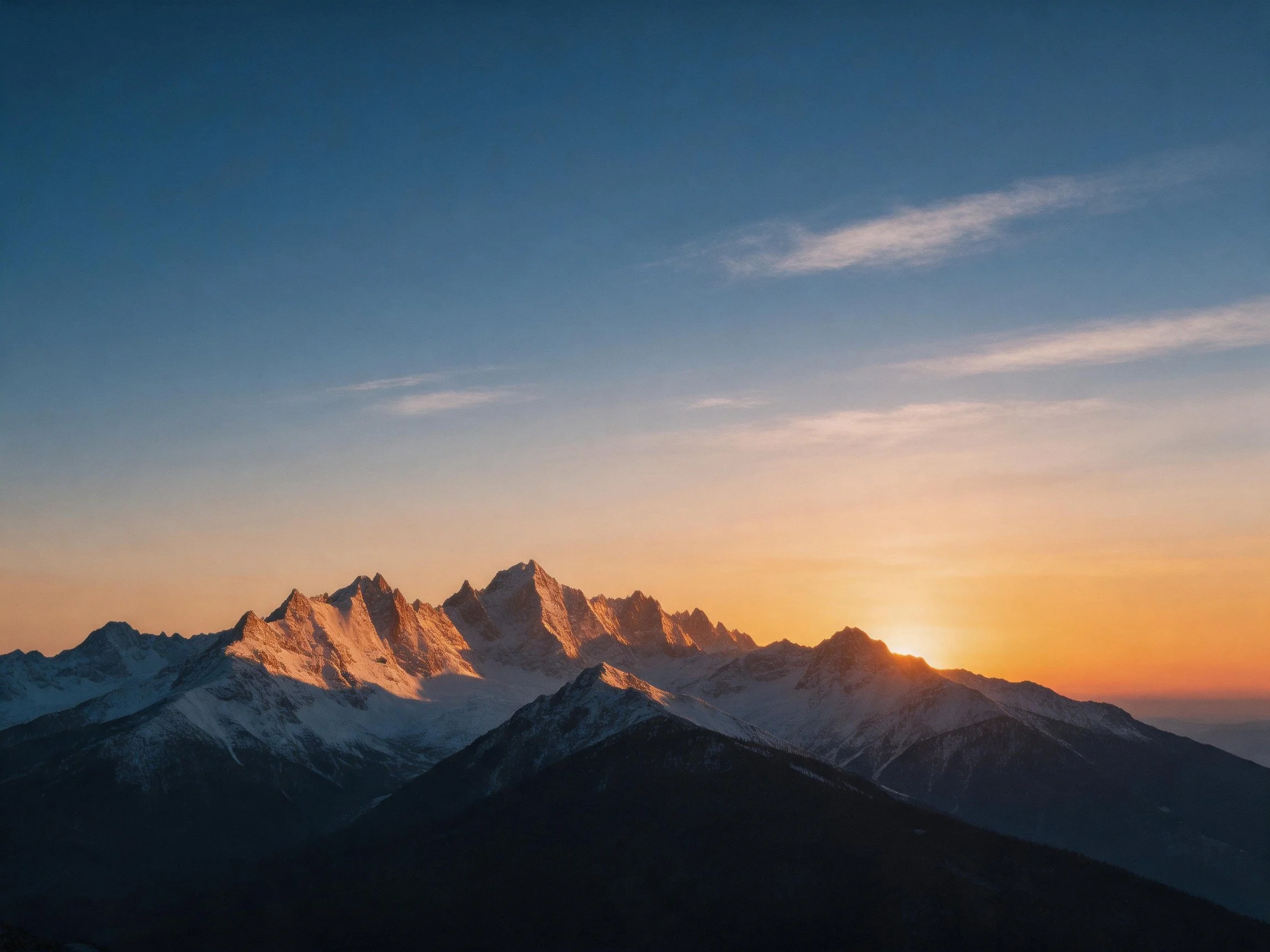 Snow-covered mountain peaks illuminated by golden sunset hues