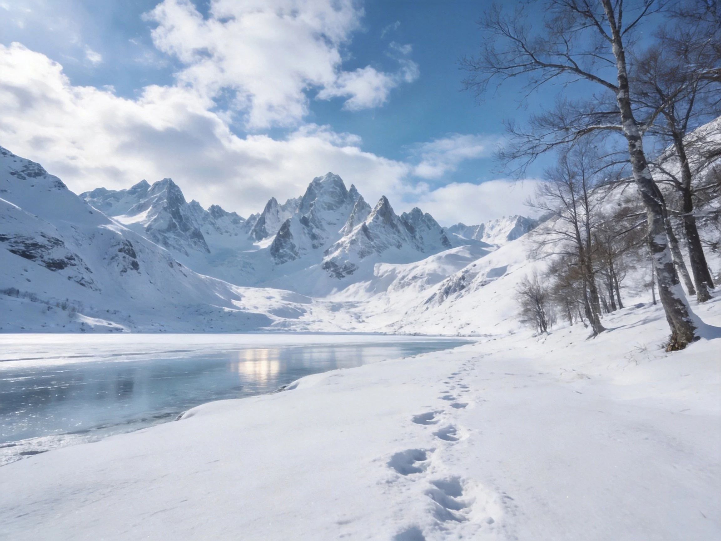 Snow-covered mountain peaks near a frozen lake with snowy paths