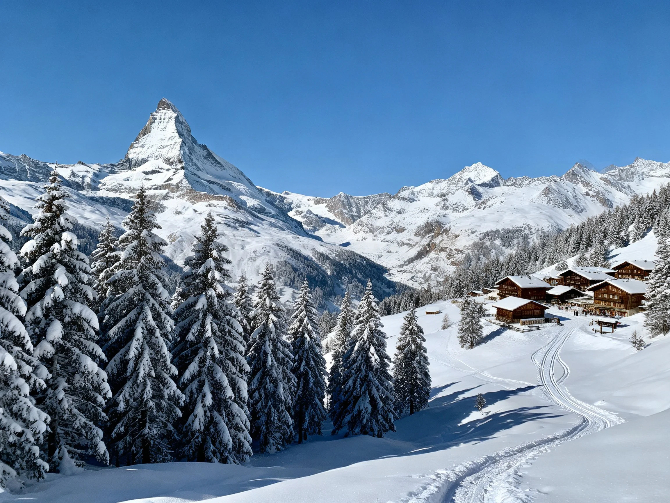 Snow-covered mountain peaks near wooden chalet village