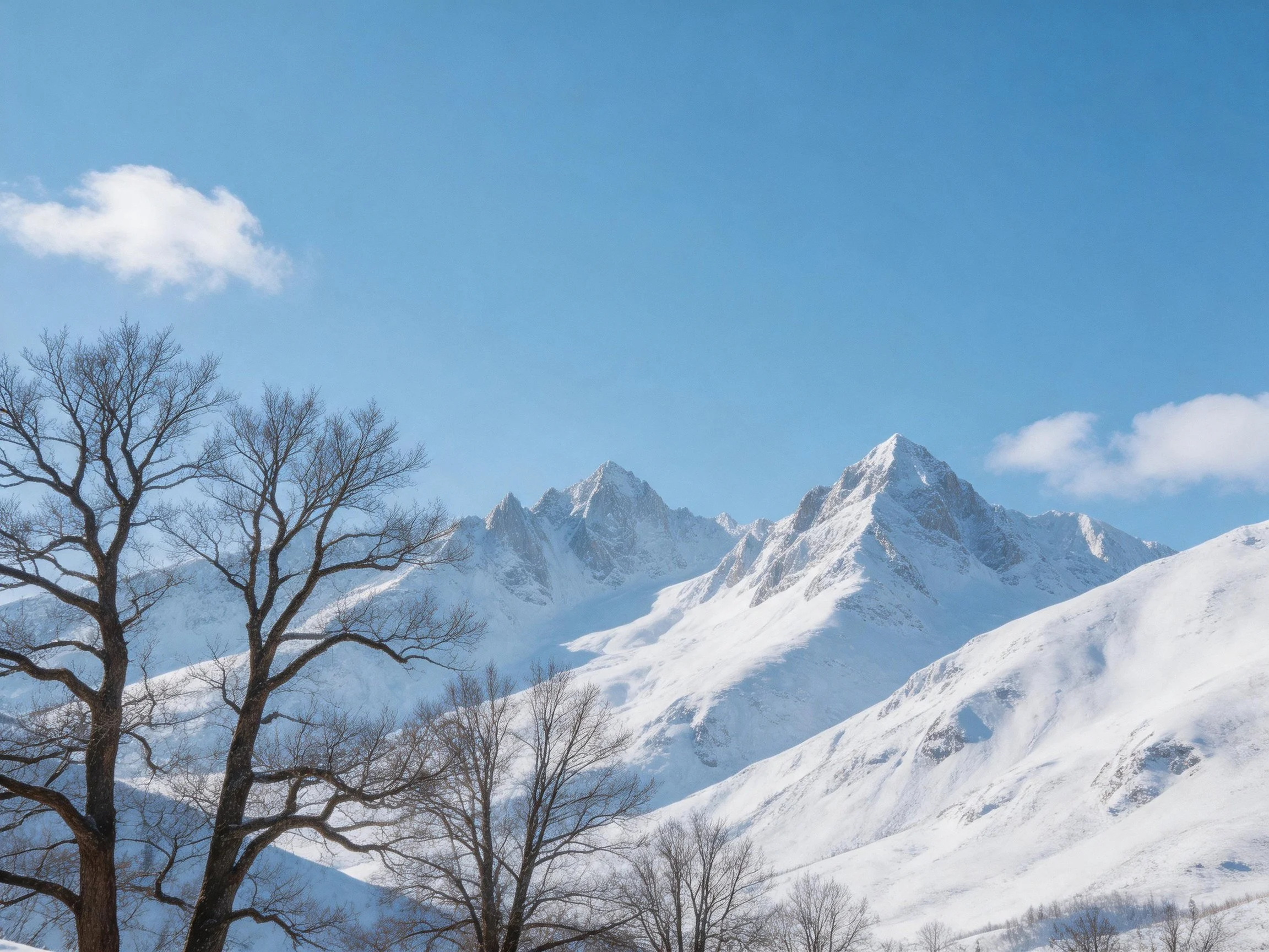 Snow-covered mountain peaks with clear blue sky and bare trees