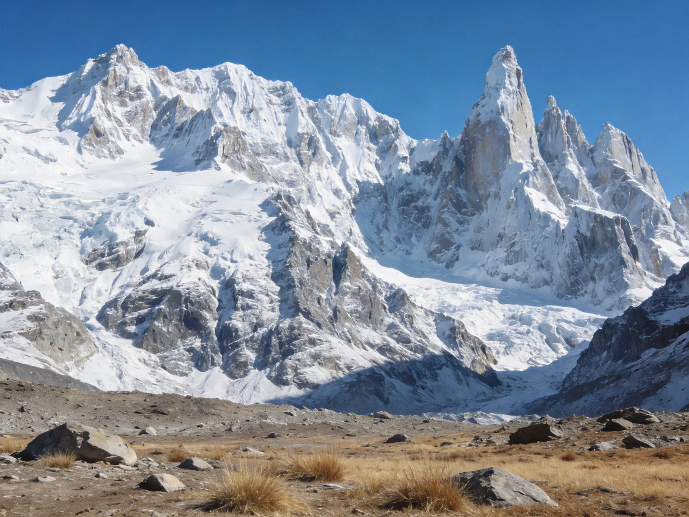 Snow-covered mountain peaks with clear blue sky and rocky foreground
