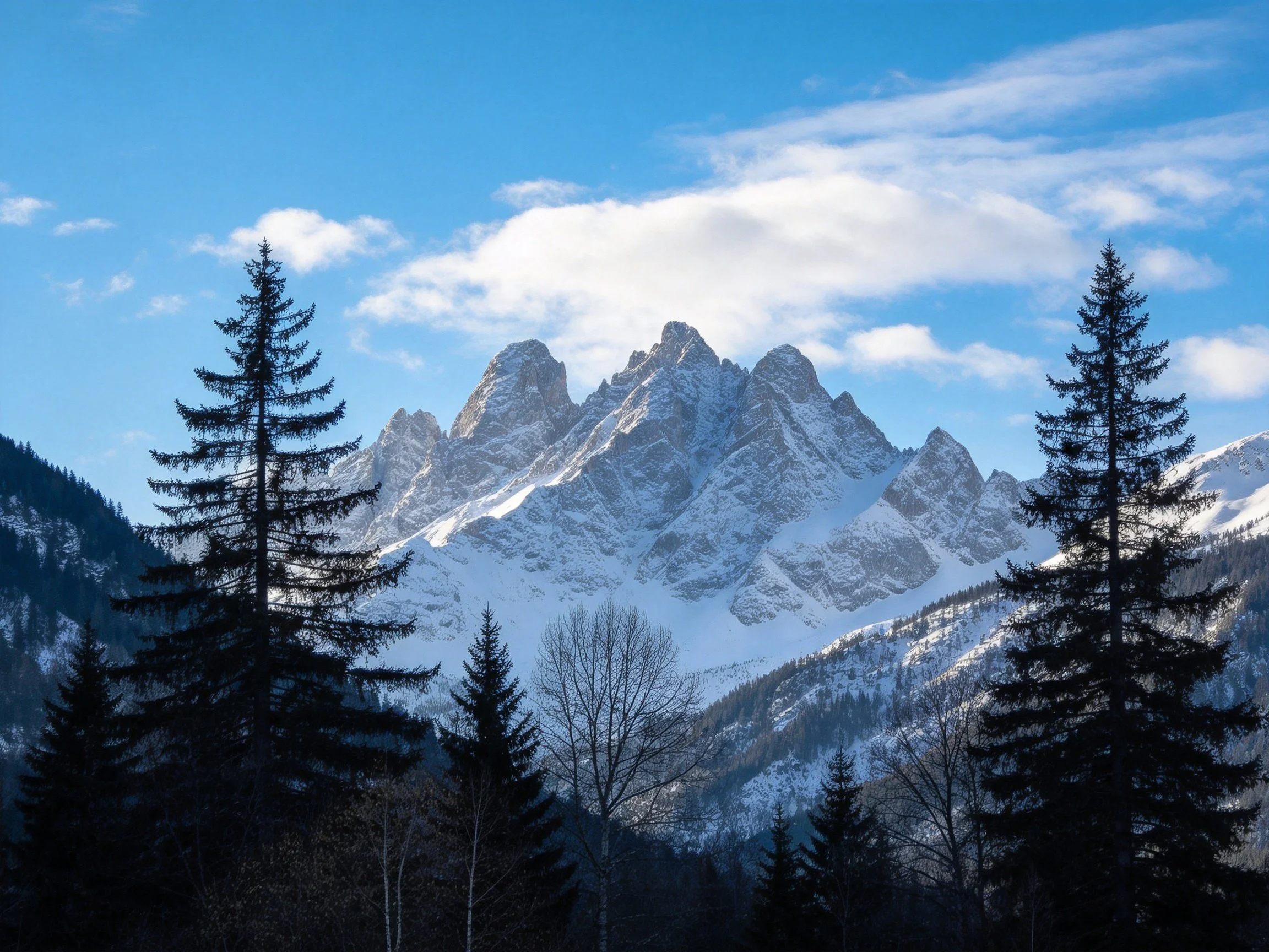 Snow - covered mountain peaks with evergreen trees under a bright blue sky