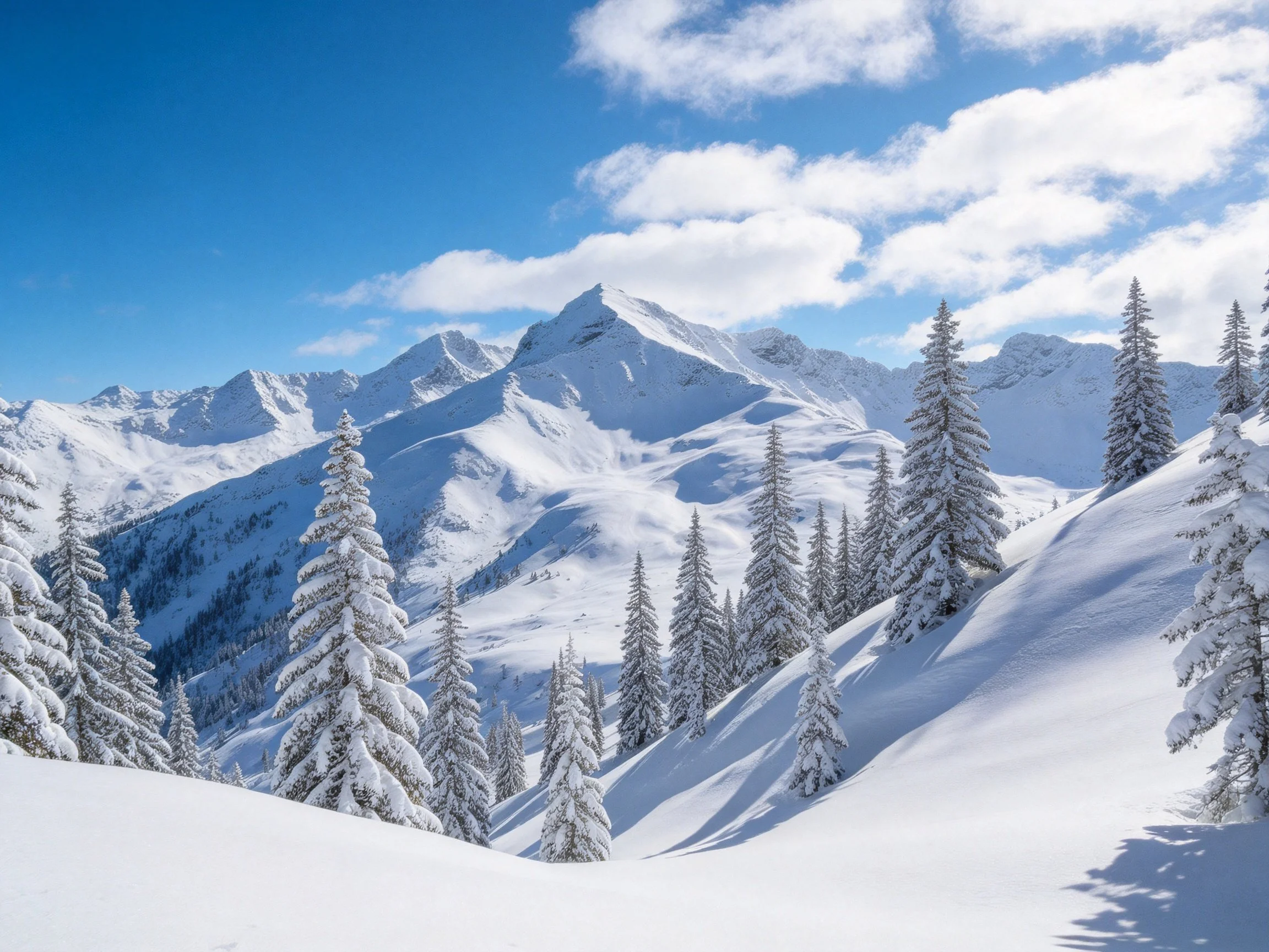 Snow-covered mountain peaks with frosty evergreen trees under bright blue sky
