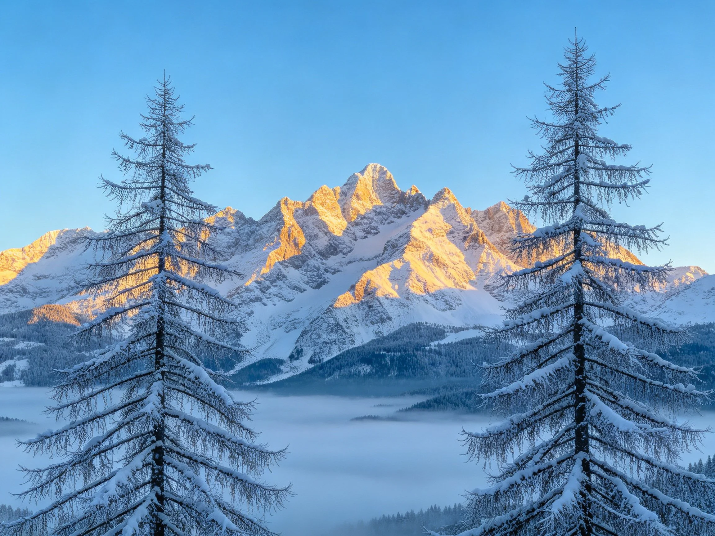 Snow - covered mountain peaks with frosty pine trees under golden sunlight