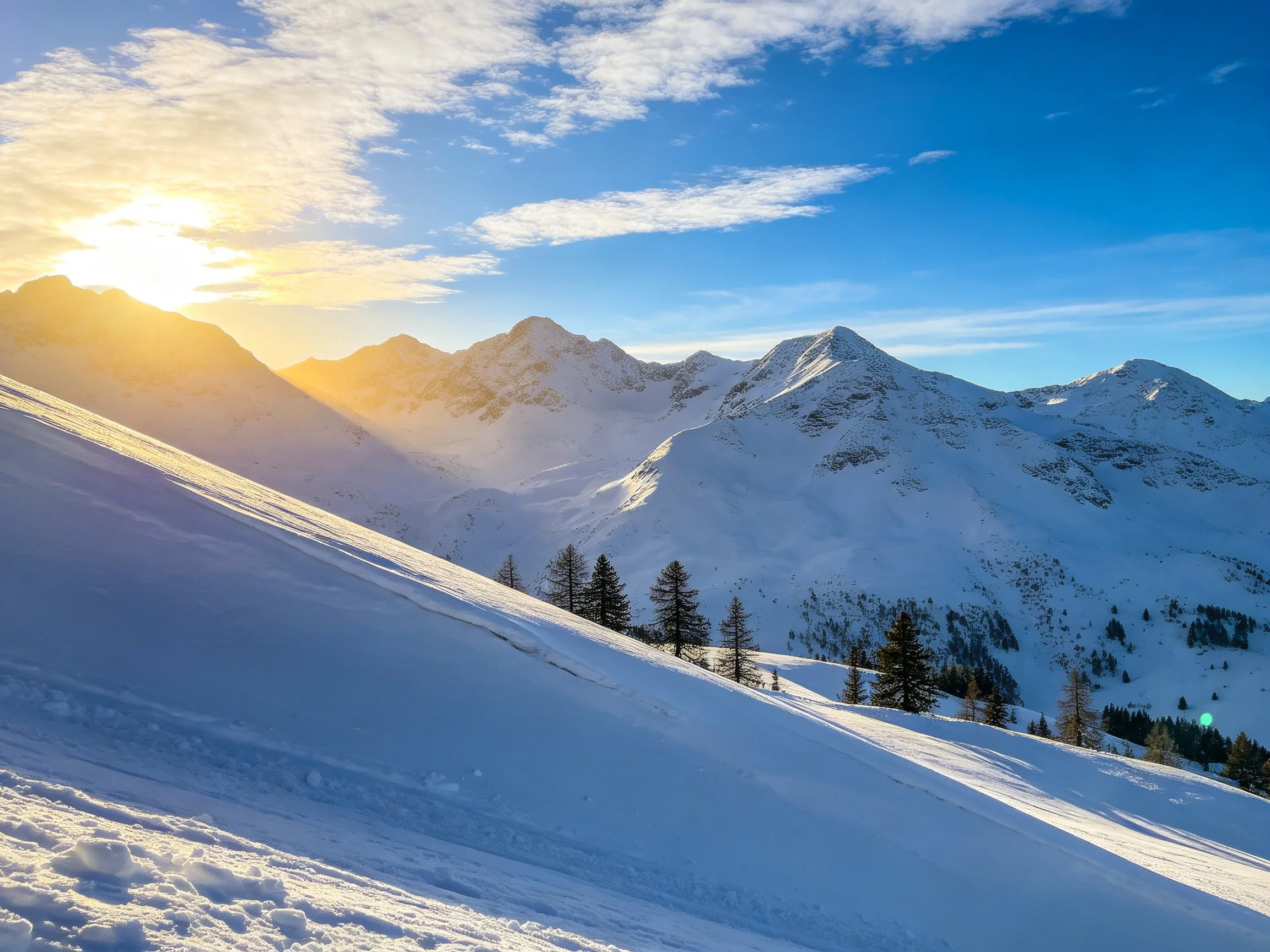 Snow-covered mountain peaks with pine trees under golden sunlight