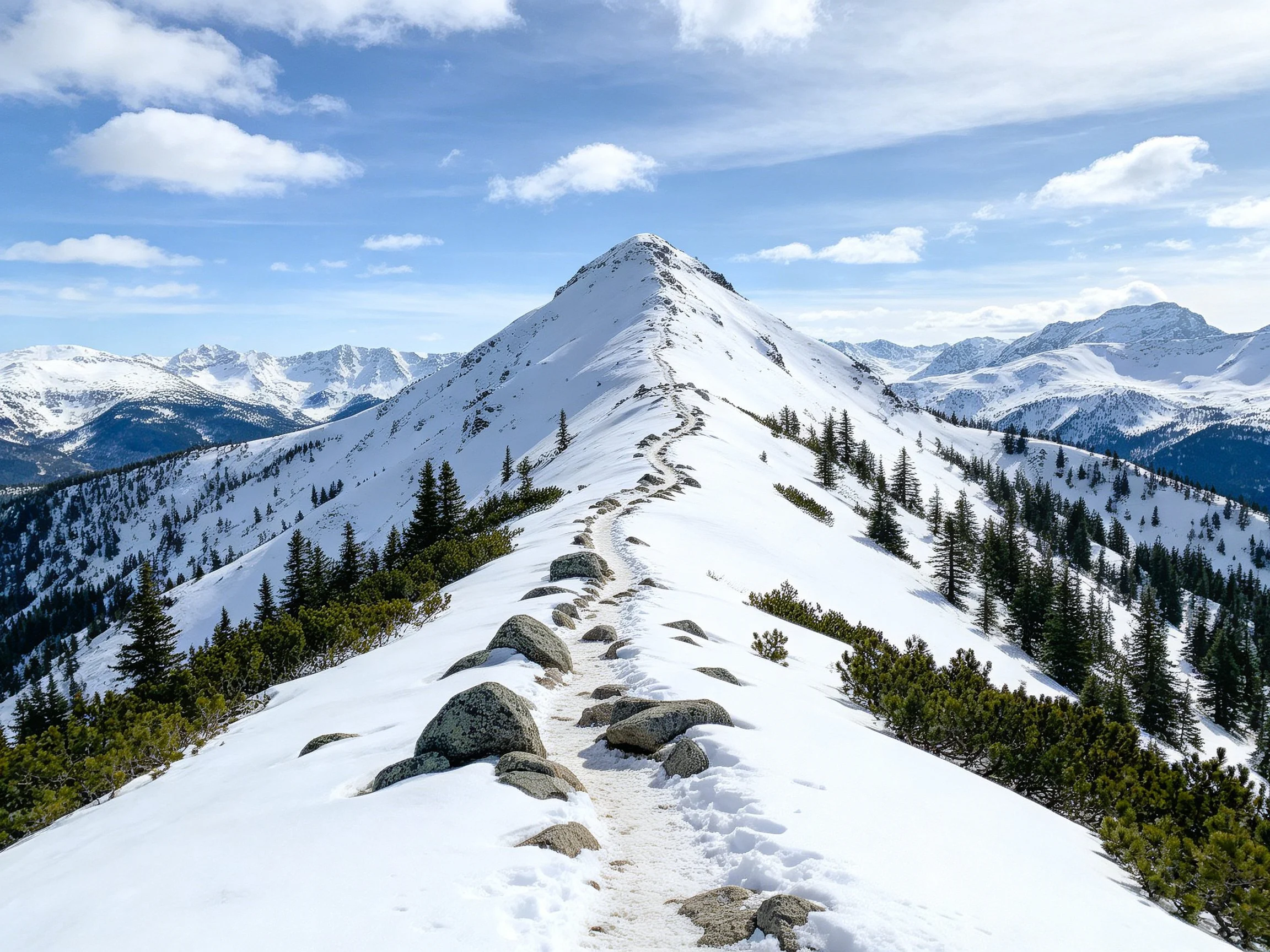 Snow-covered mountain ridge with rocky trail and evergreen trees