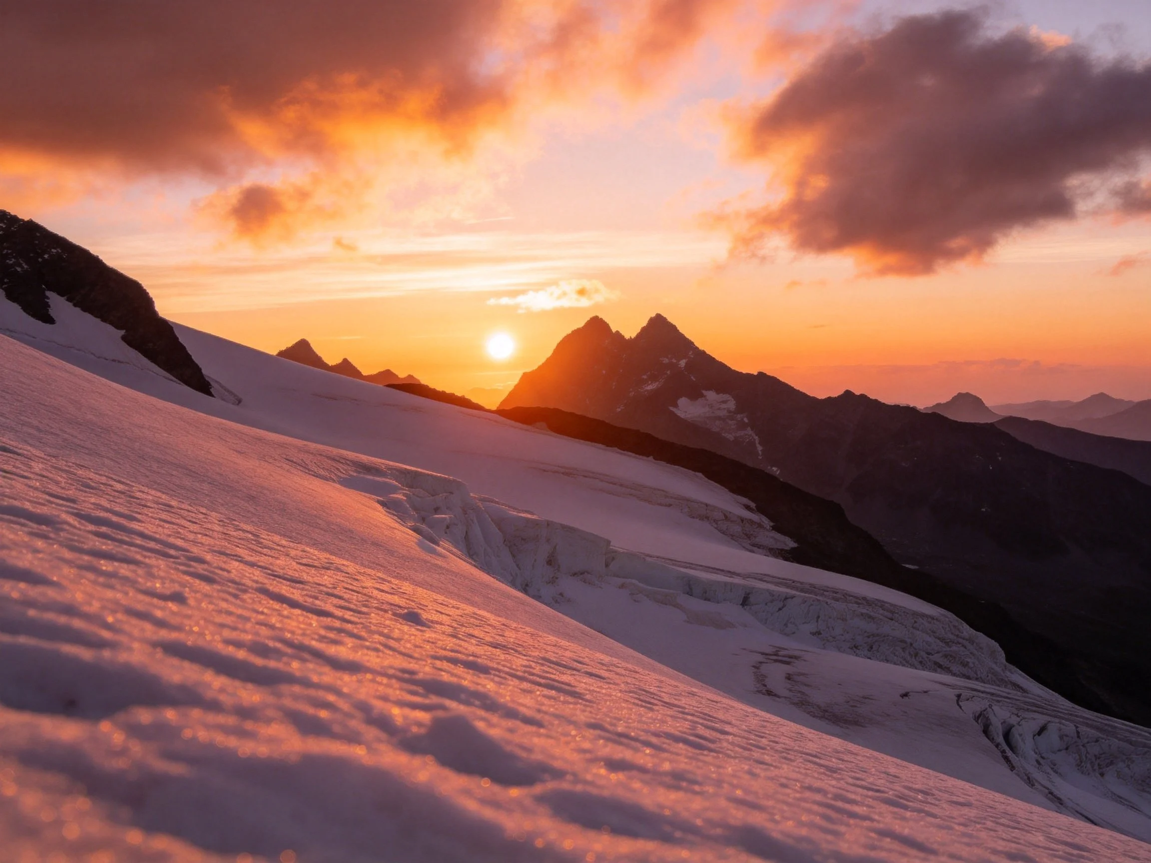 Snow-covered mountain slope at vibrant sunset with colorful sky