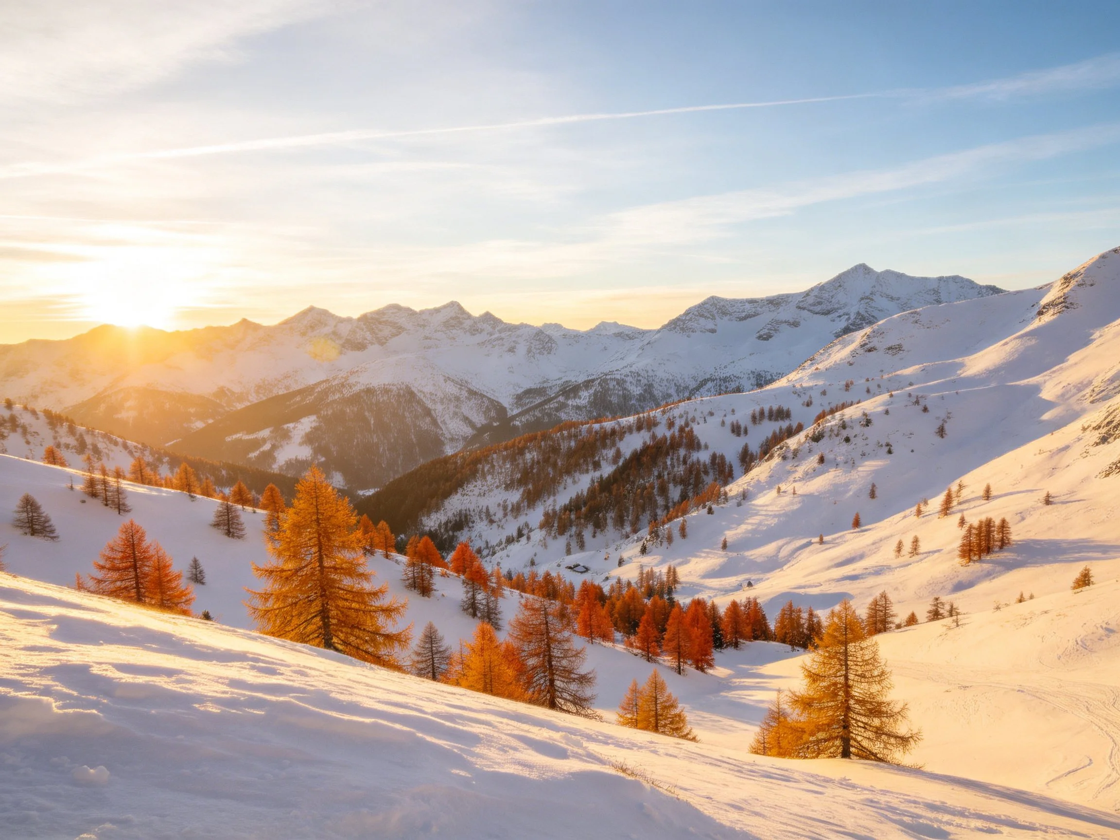 Snow-covered mountain slopes with golden autumn trees under bright sunlight