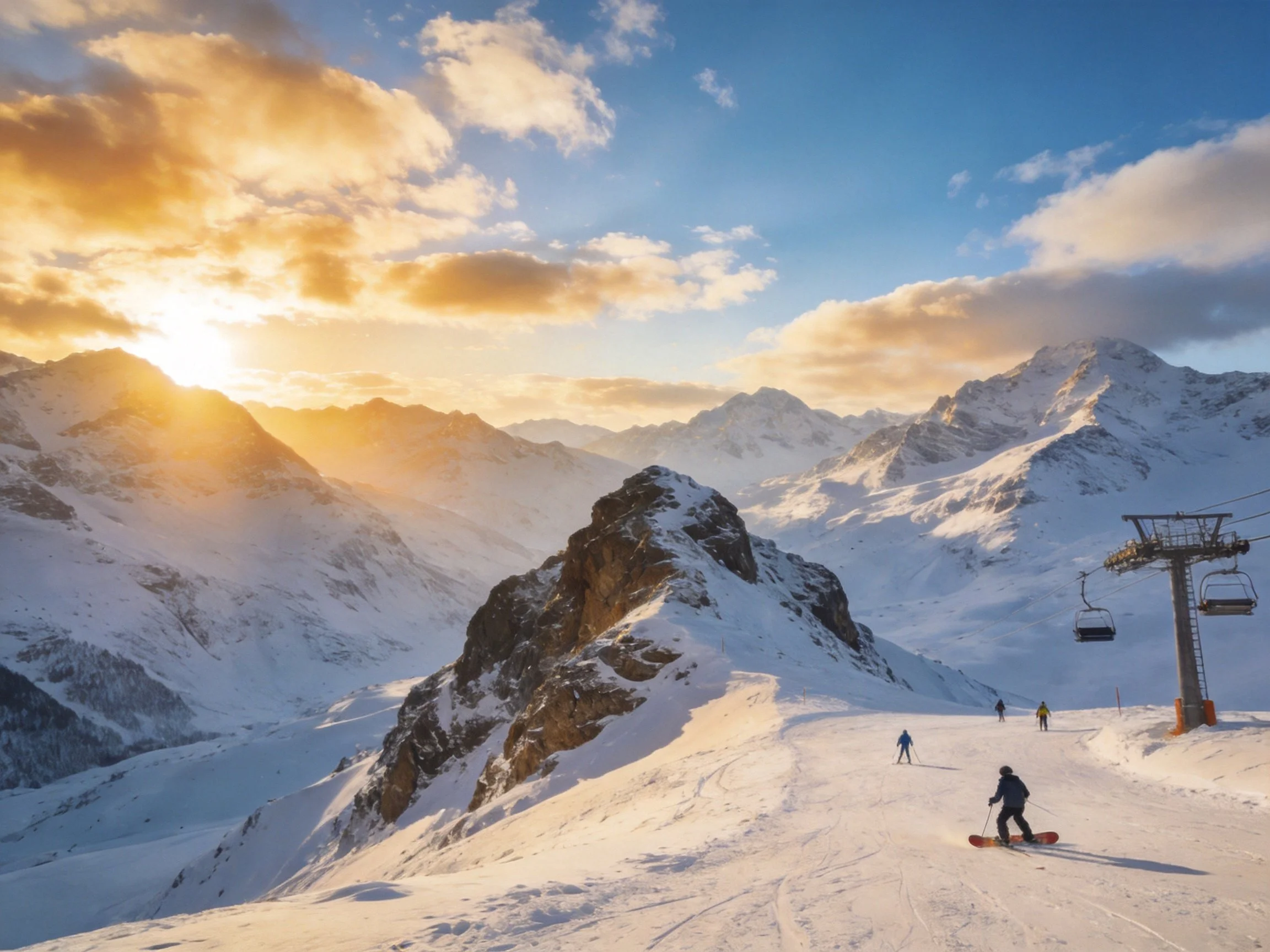 Snow-covered mountain slopes with skiers, ski lift, and golden sunset