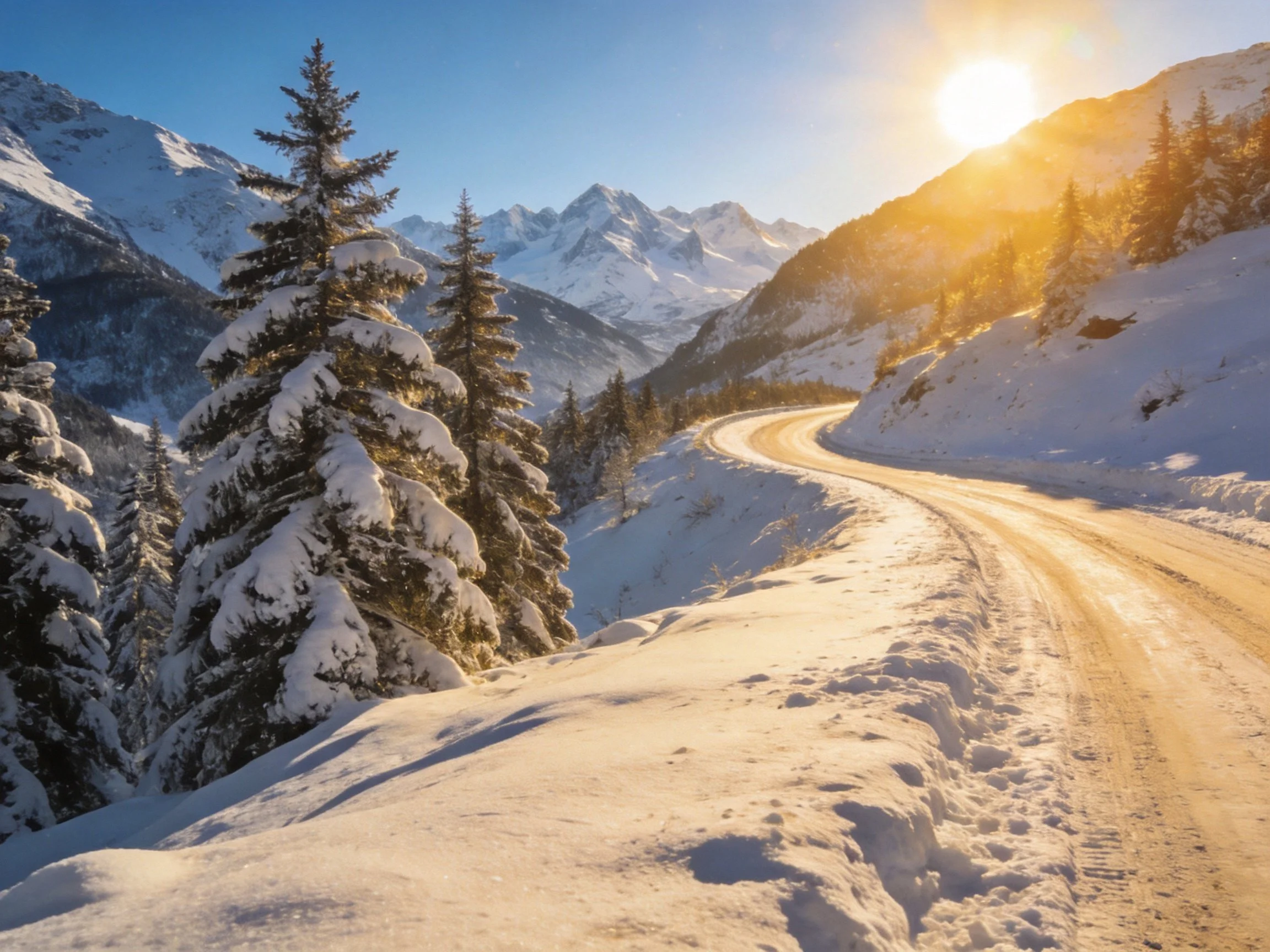 Snow-covered mountainous landscape with winding road and evergreen trees