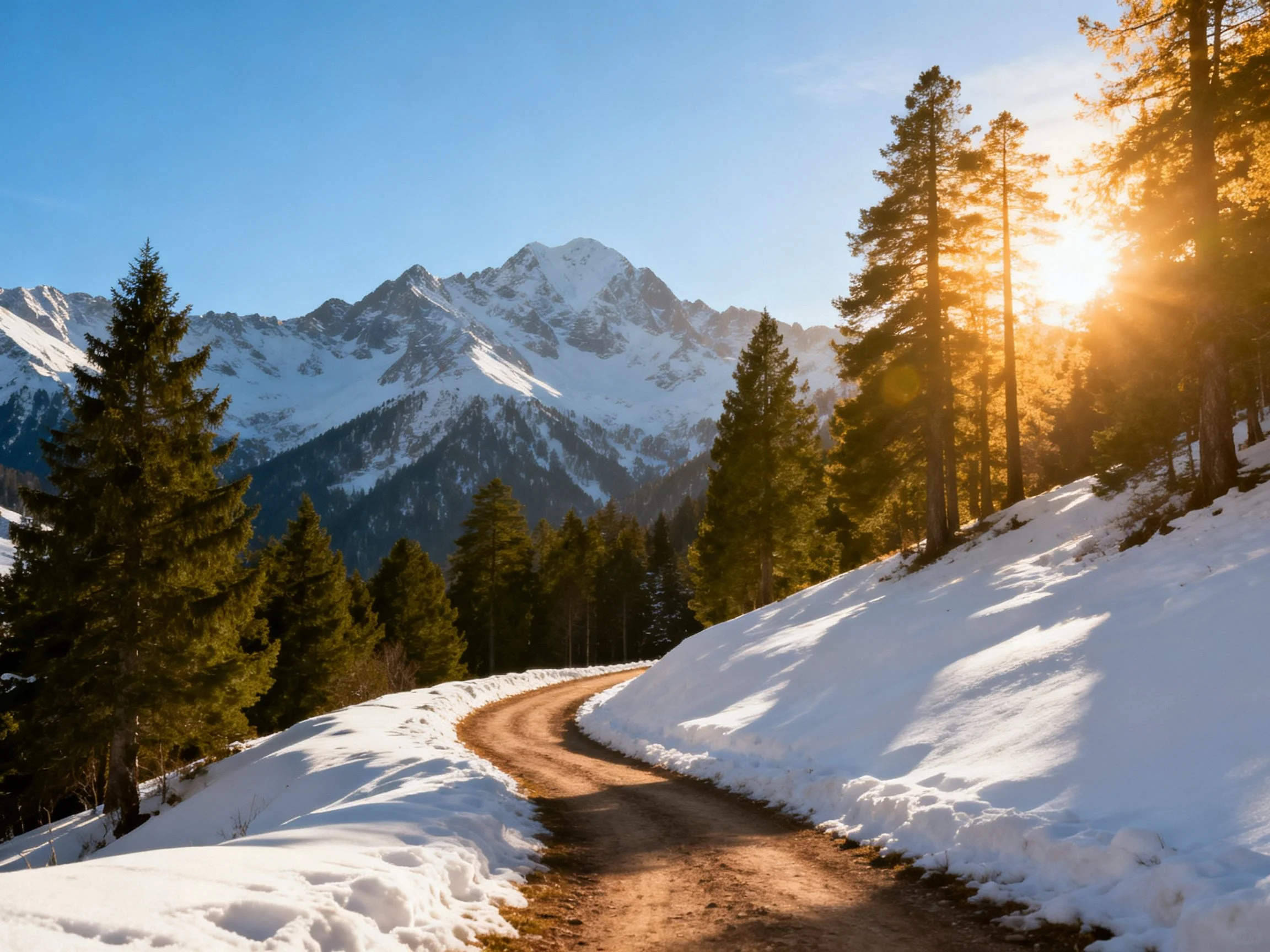 Snow-covered mountainous terrain withwinding dirt path and pine forests