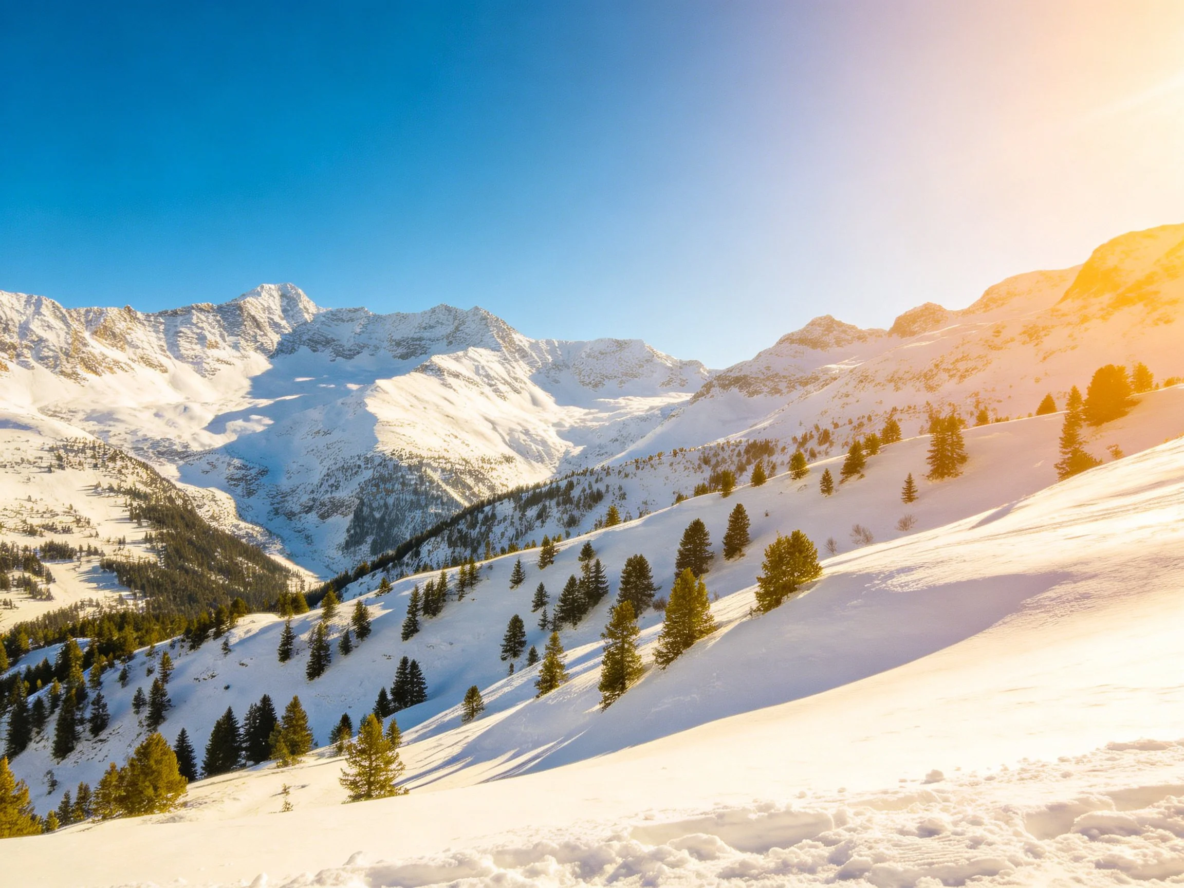 Snow-covered mountainpeaks with evergreen forests and bright sunlight