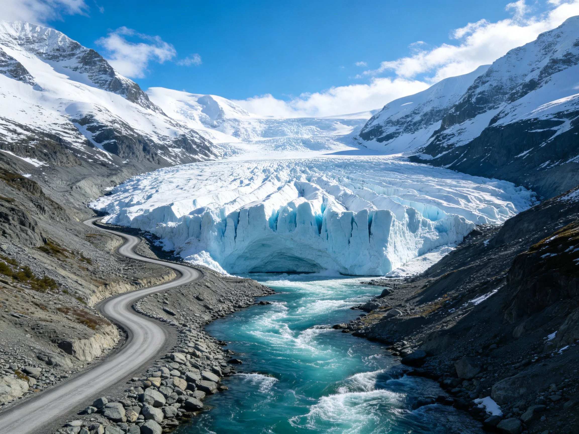 Snow - covered mountains border a sprawling glacier with blue - tinted ice formations