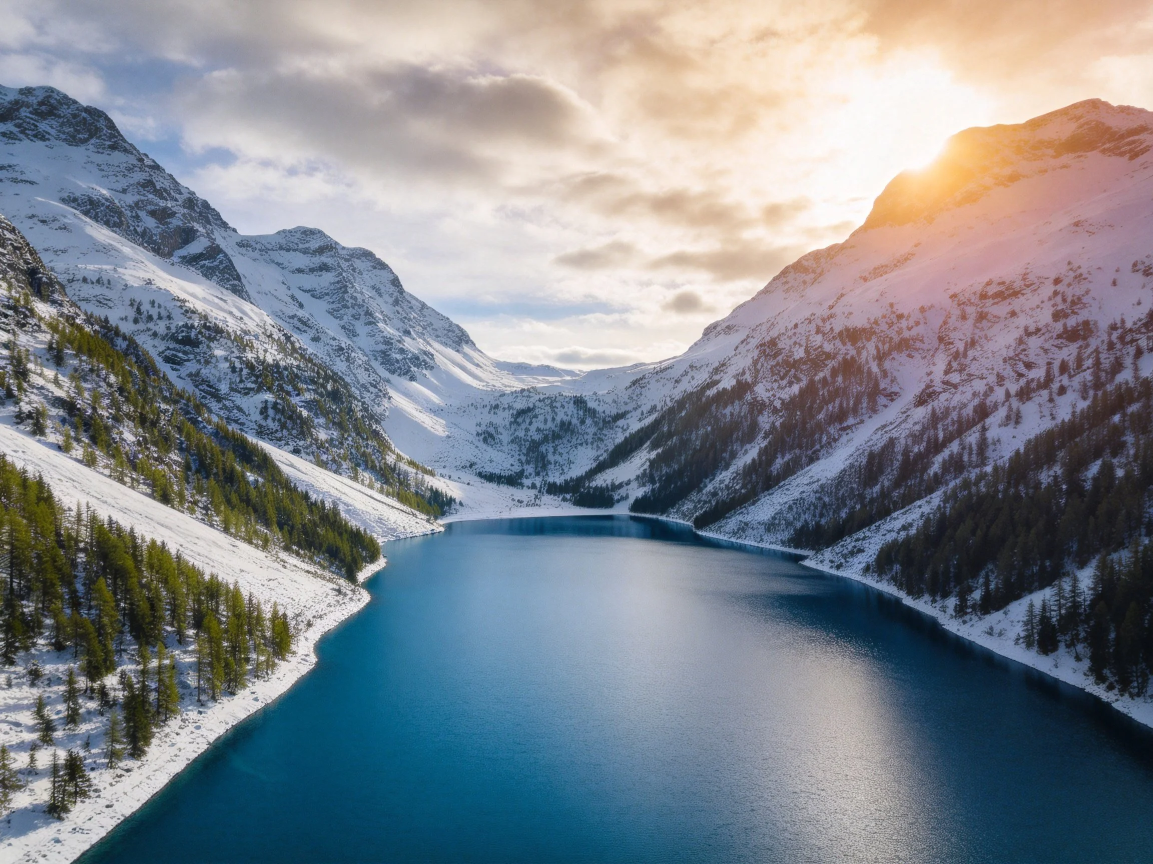 Snow - covered mountains encircle a deep blue alpine lake under golden sunlight