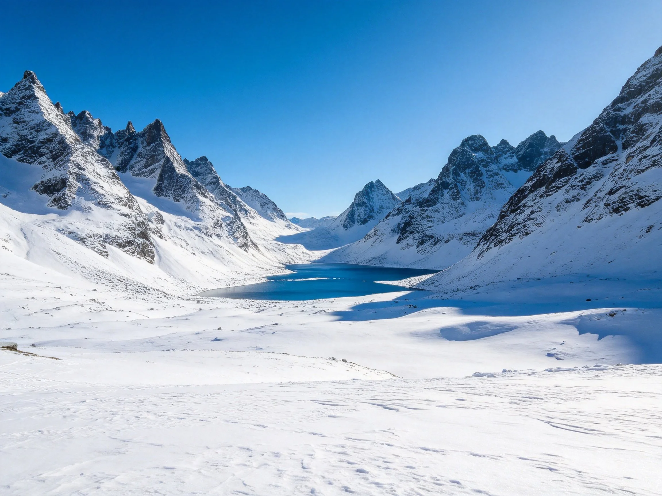 Snow-covered mountains encircle a vivid blue glacial lake
