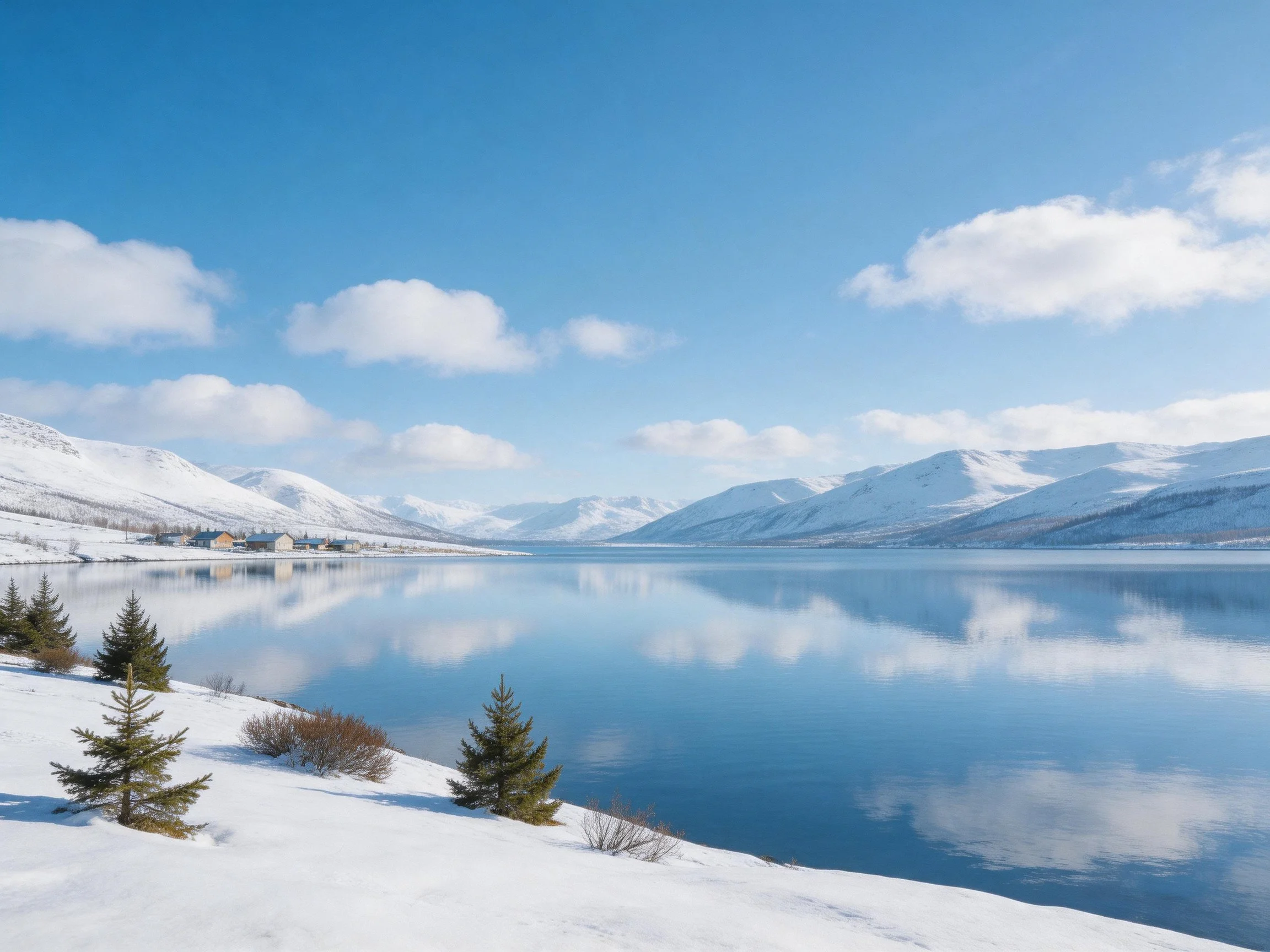 Snow - covered mountains frame a calm blue lake with evergreen trees