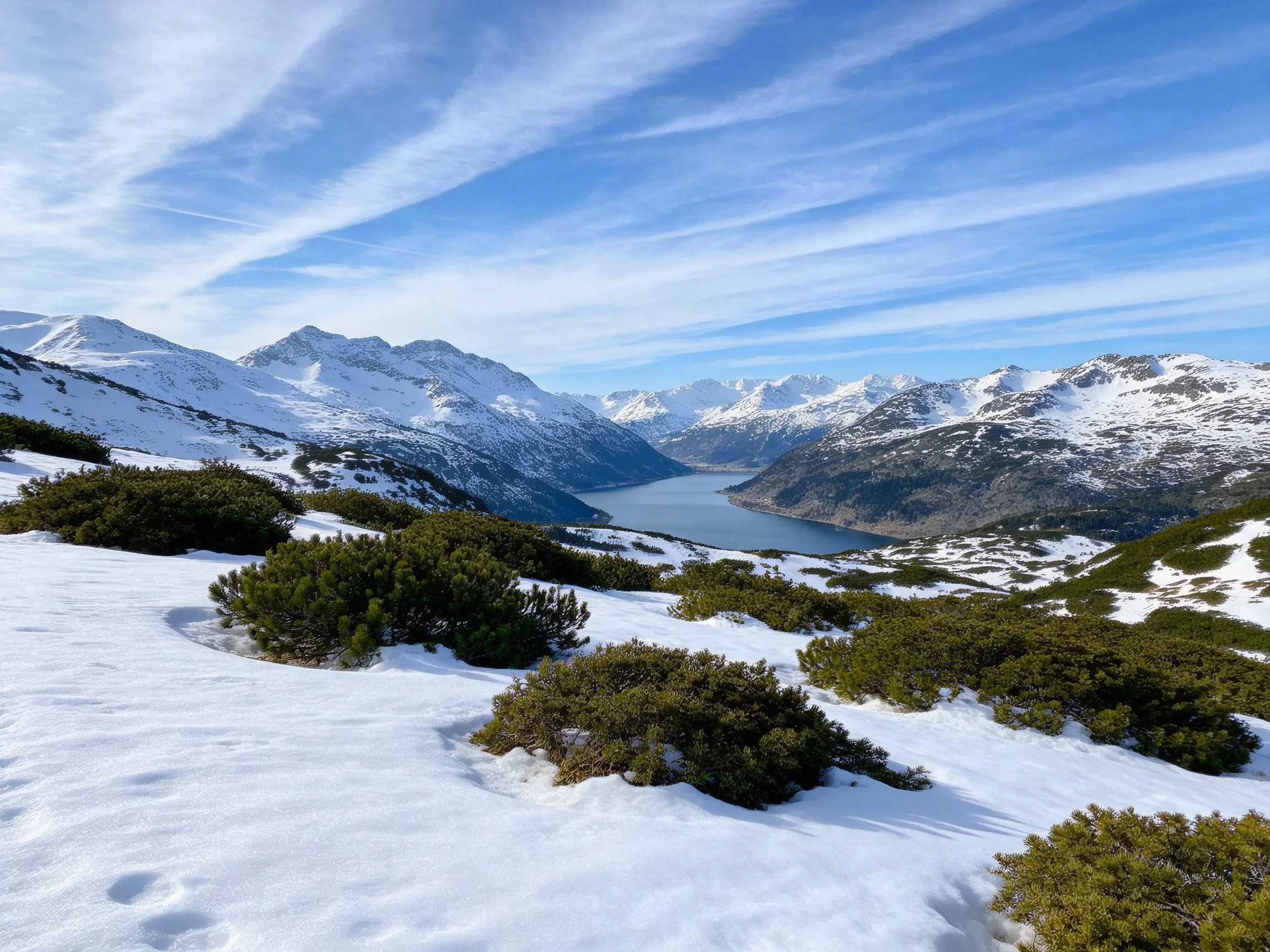 Snow-covered mountains frame a lake with green shrubbery