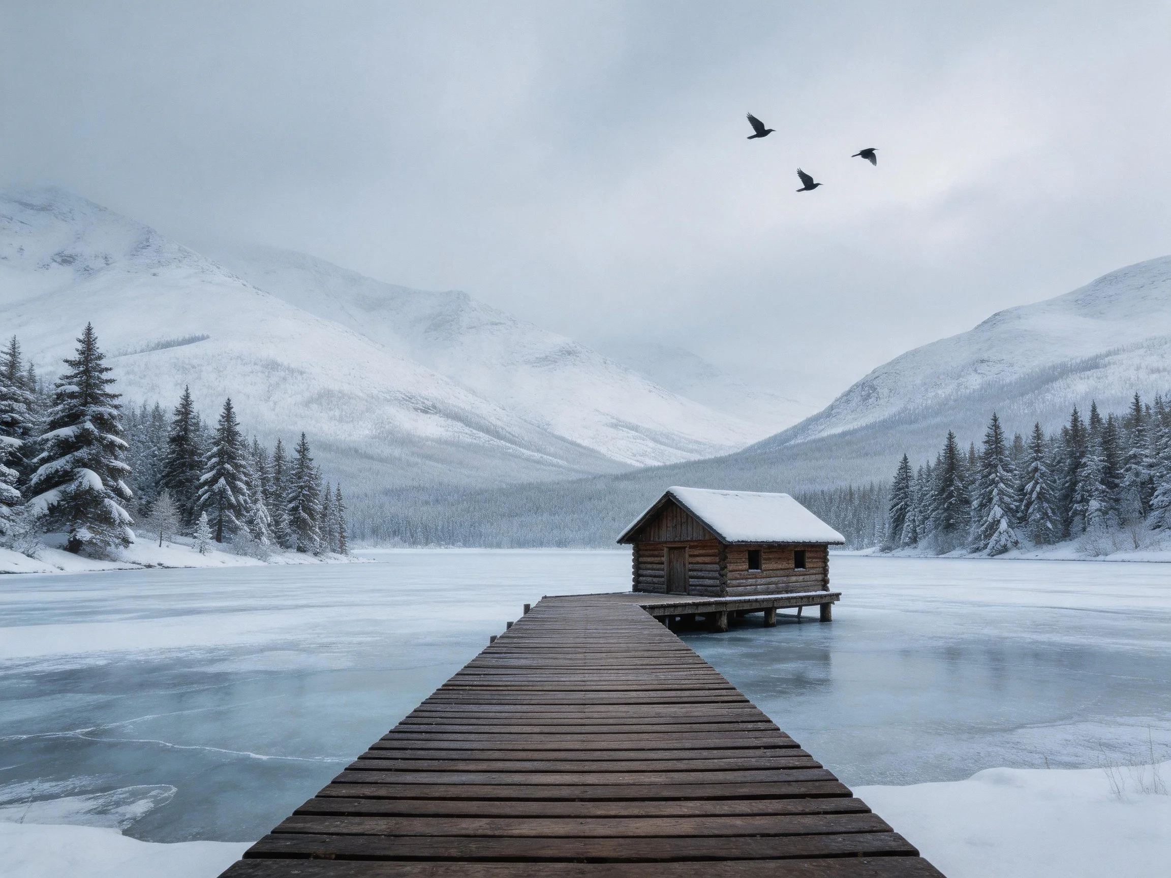 Snow-covered mountains frame a wooden cabin by a frozen lake with a dock