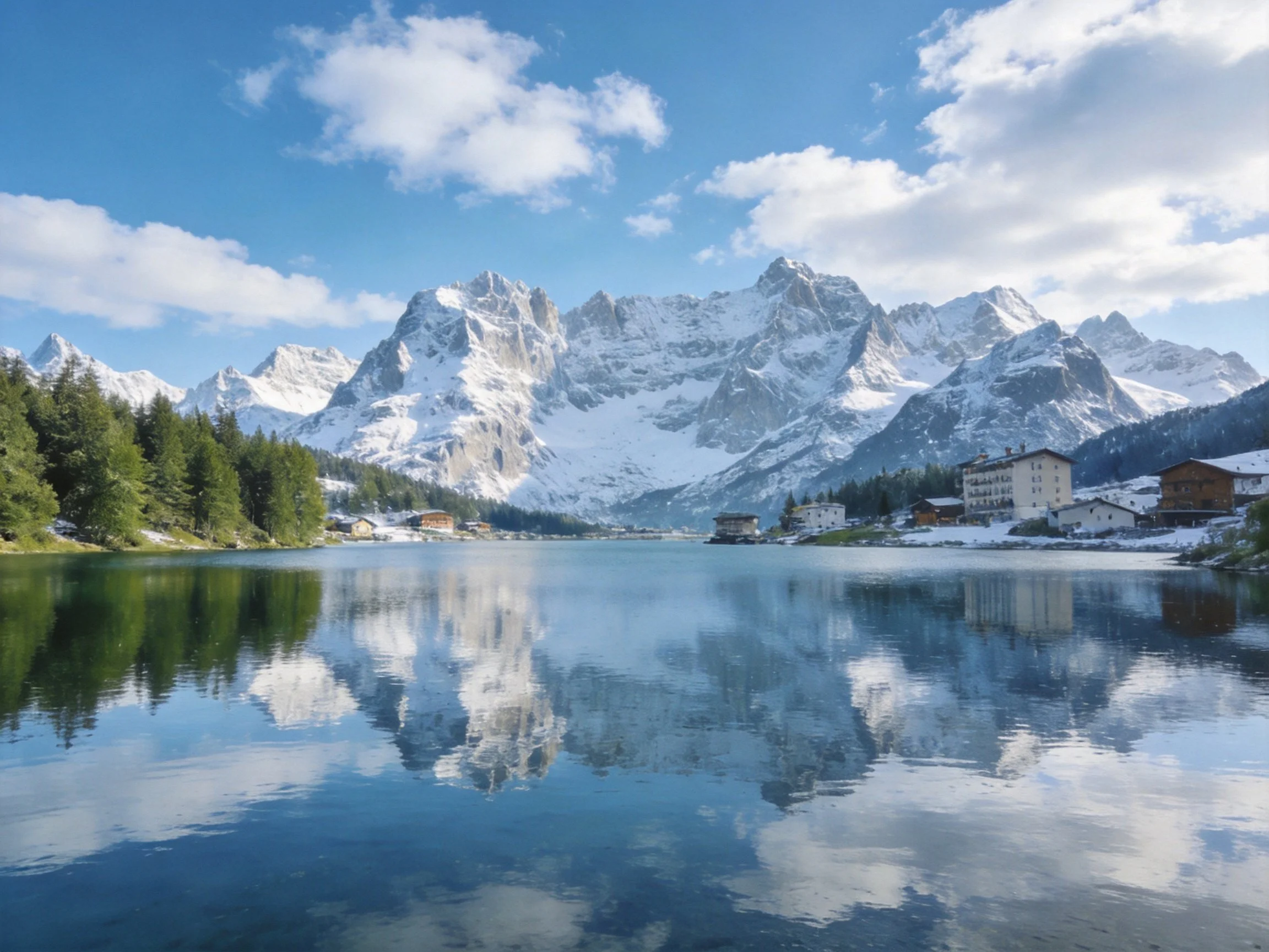 Snow-covered mountains reflect in a calm alpine lake beside wooden buildings