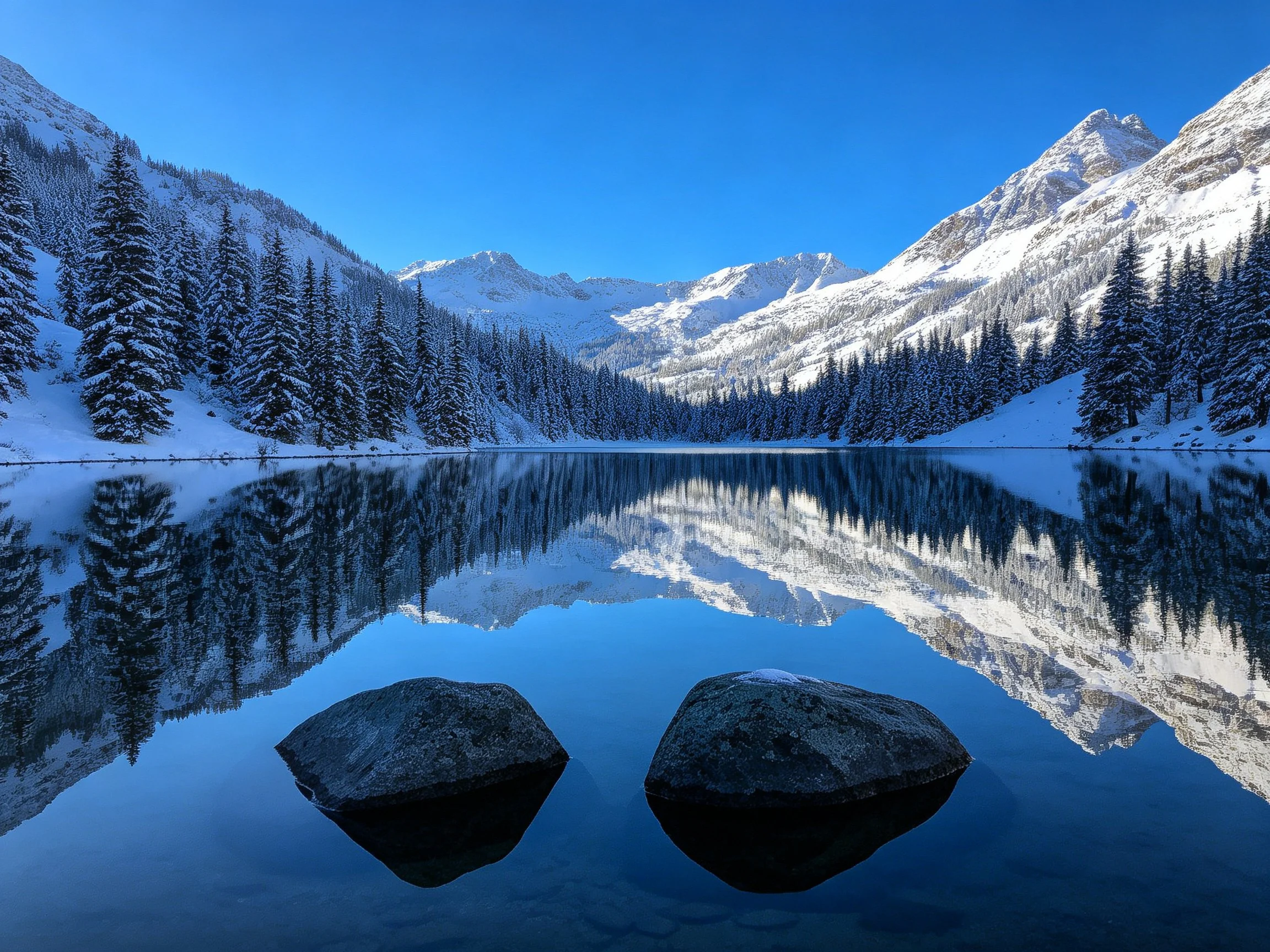 Snow-covered mountains reflect in crystal - clear lake