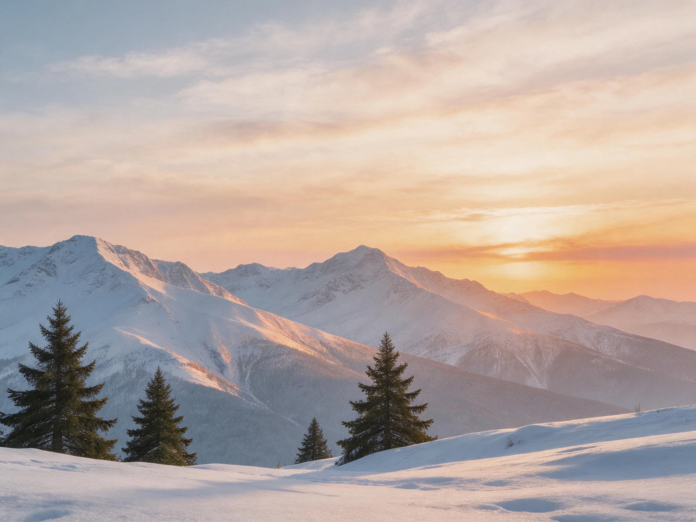 Snow-covered mountains with evergreen trees under a sunset sky