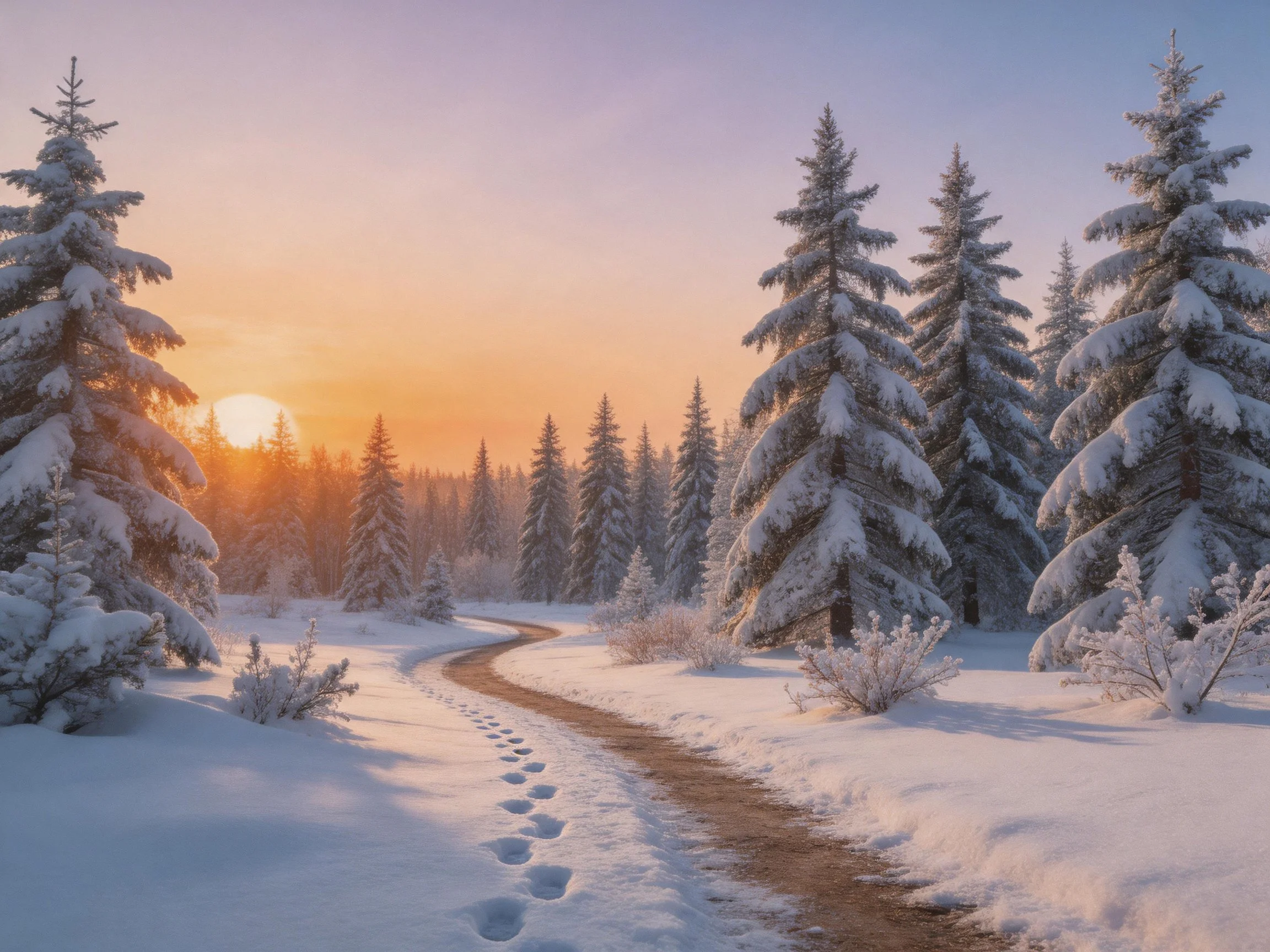 Snow-covered pine forest with winding path and golden sunset