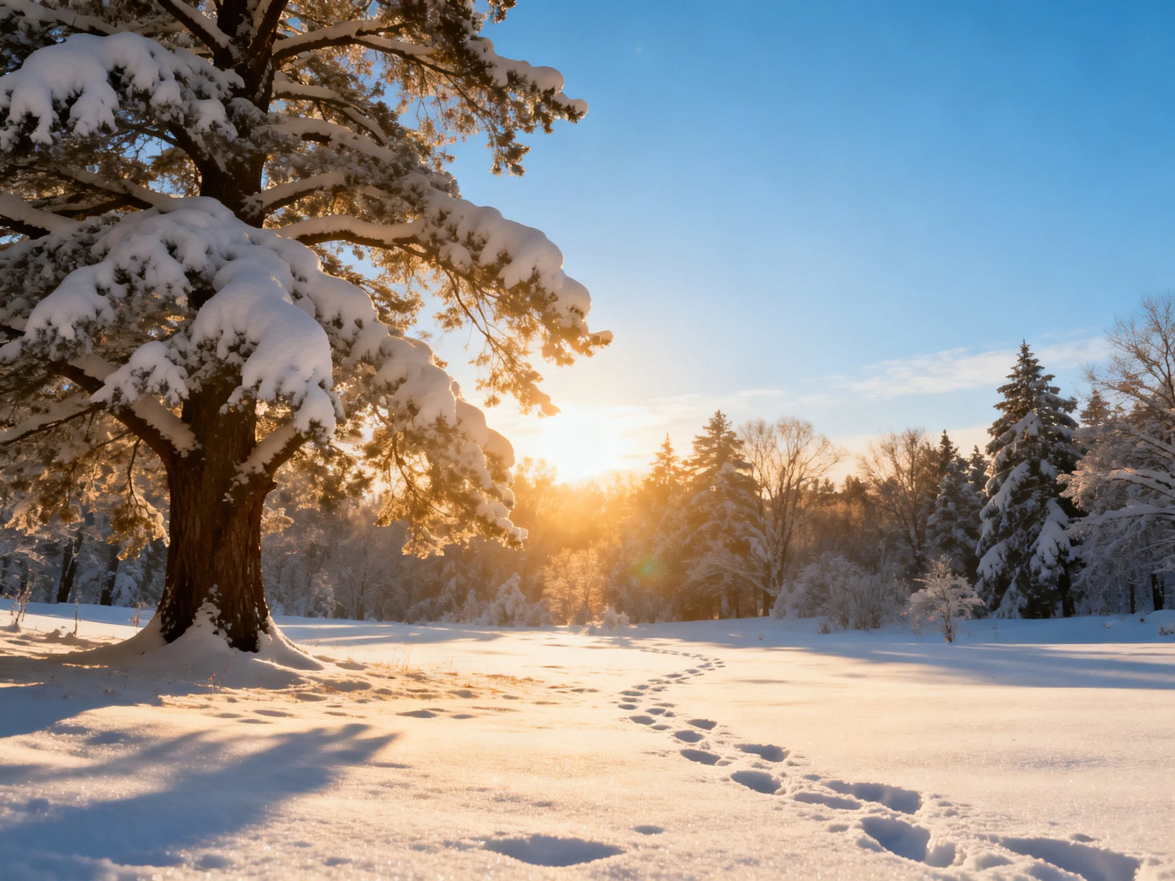 Snow-covered pine tree near sunlit winter forest