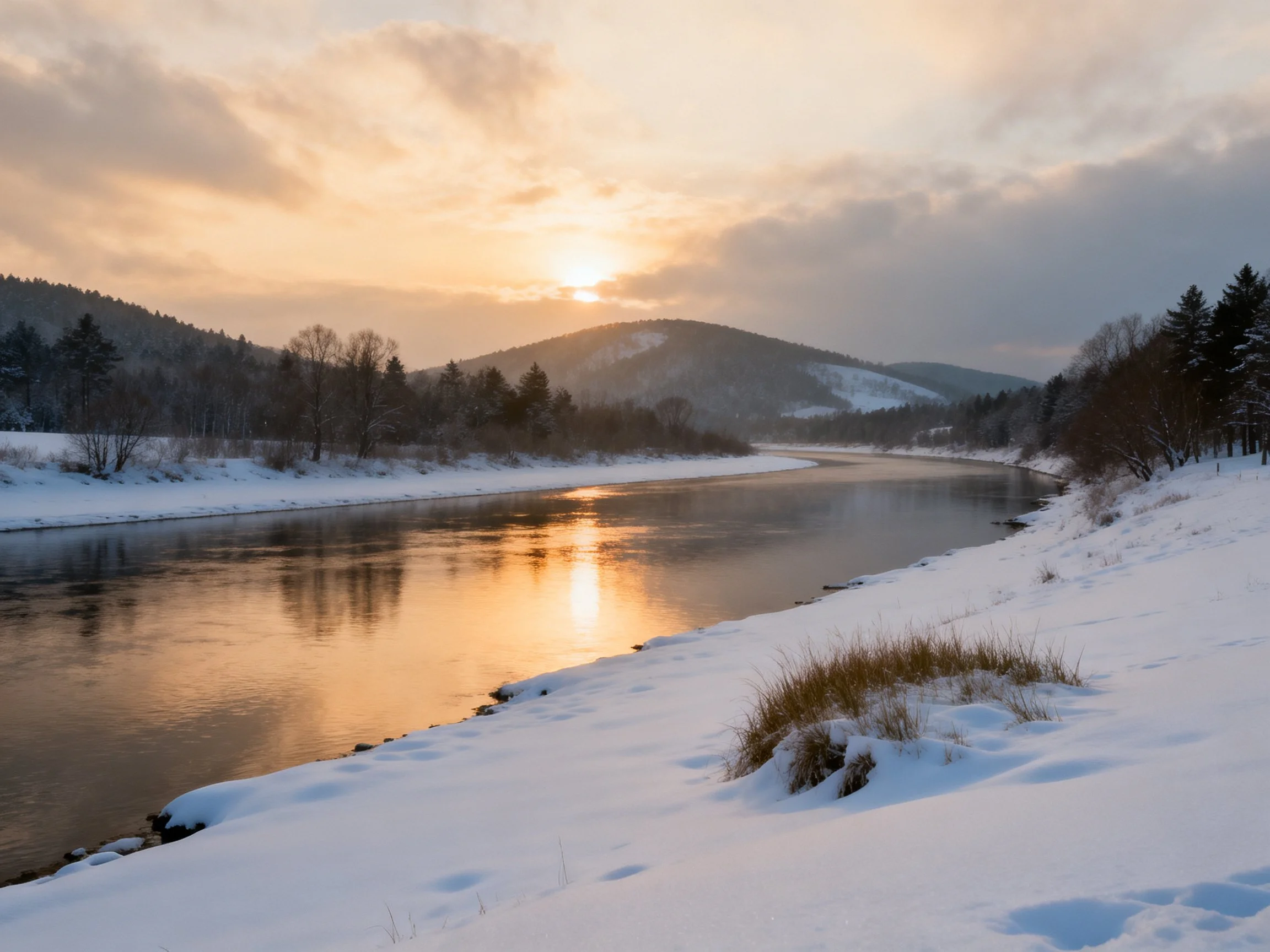 Snow-covered riverbank with winding river and mountain sunset