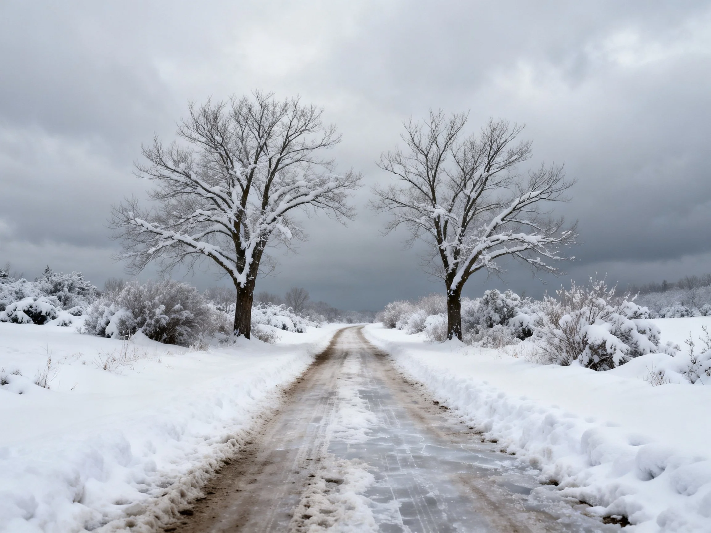 Snow-covered road flanked by two large leafless trees under gloomy sky