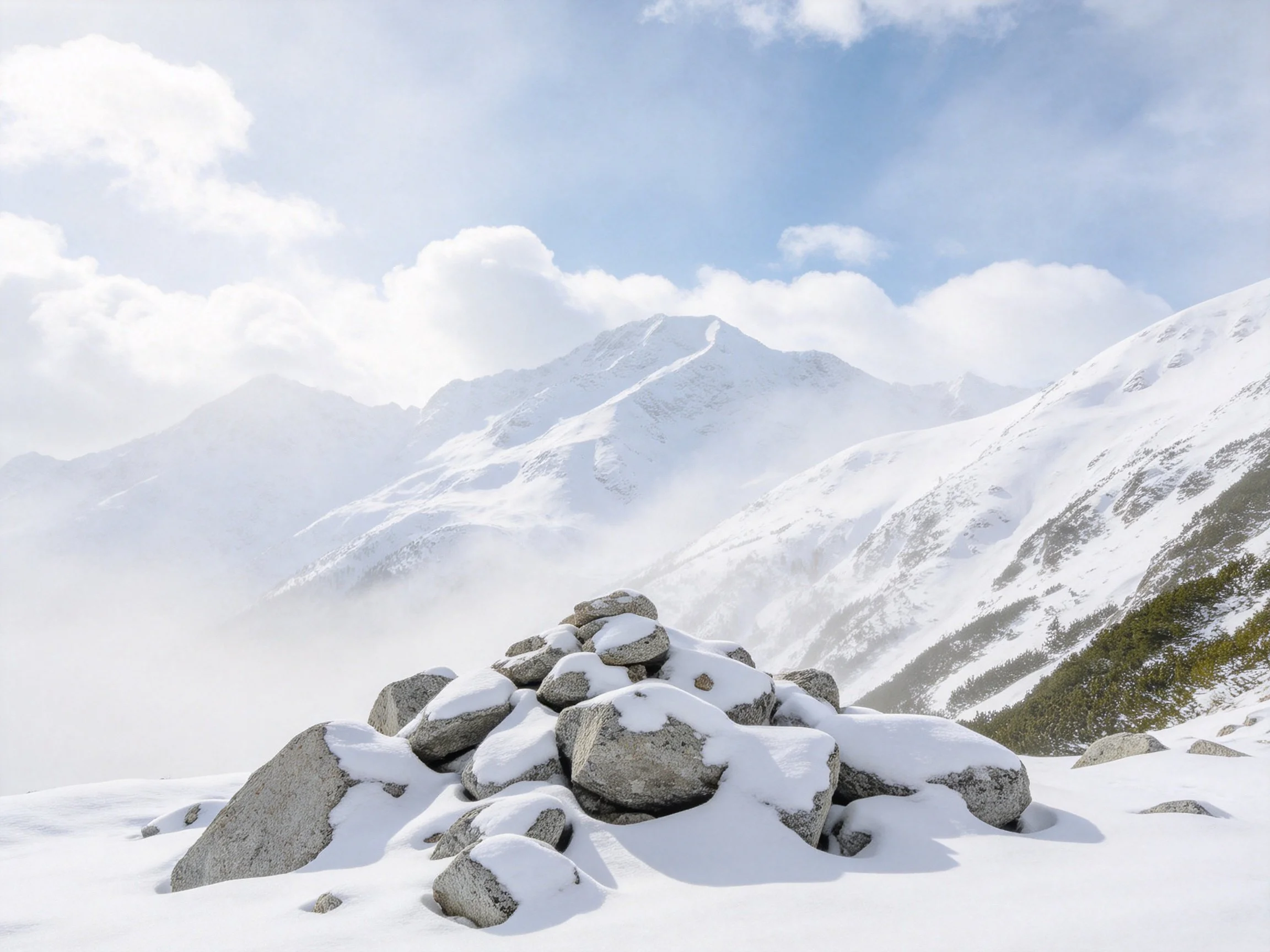 Snow-covered rocks near tall white mountain peaks under blue skies.