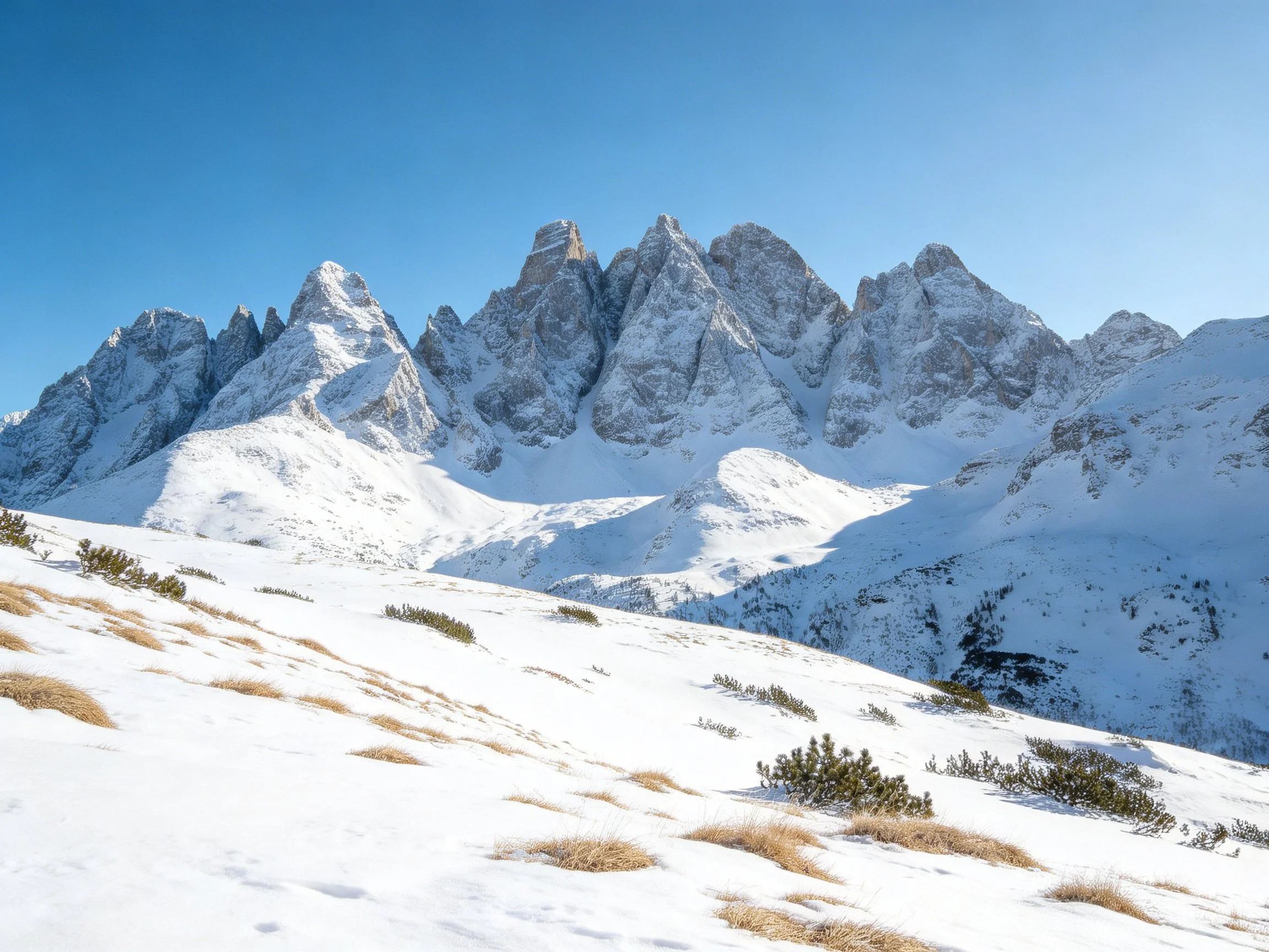 Snow - covered rugged mountain peaks under clear blue sky