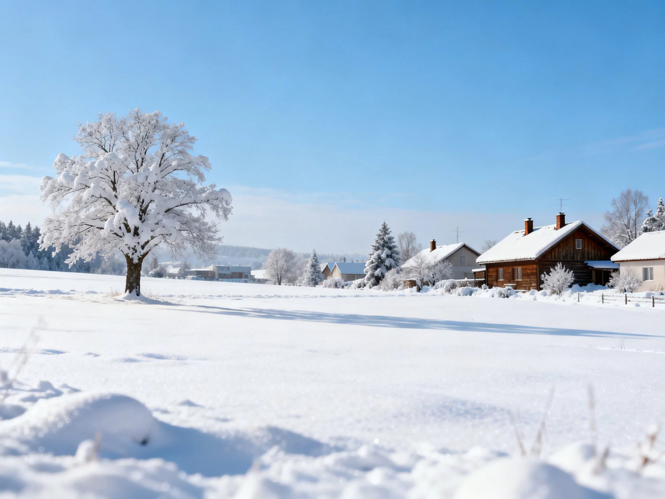 Snow-covered rural landscape with wooden cabins and frosty trees
