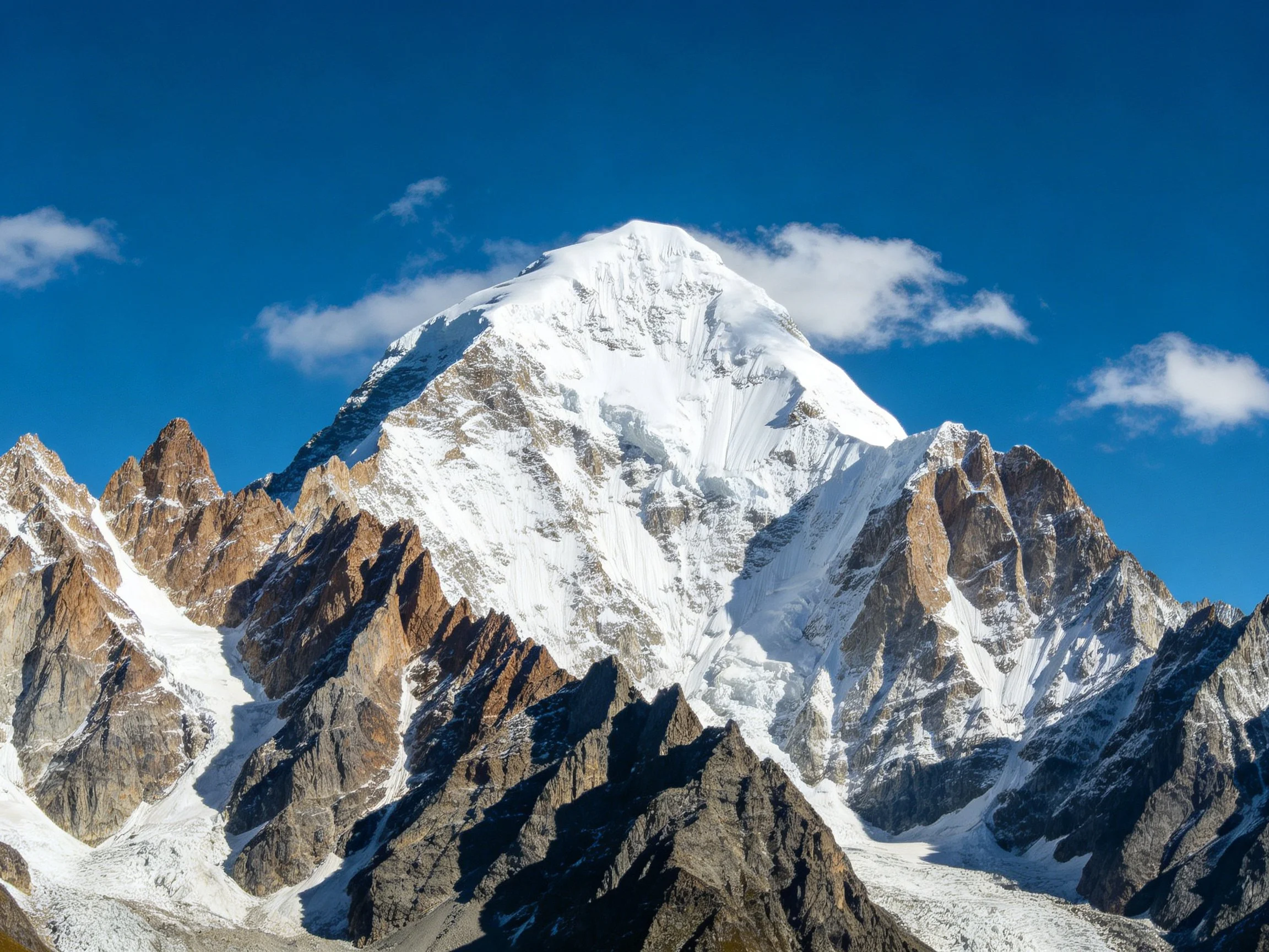 Snow-covered summit with jagged rocky formations under clear blue sky