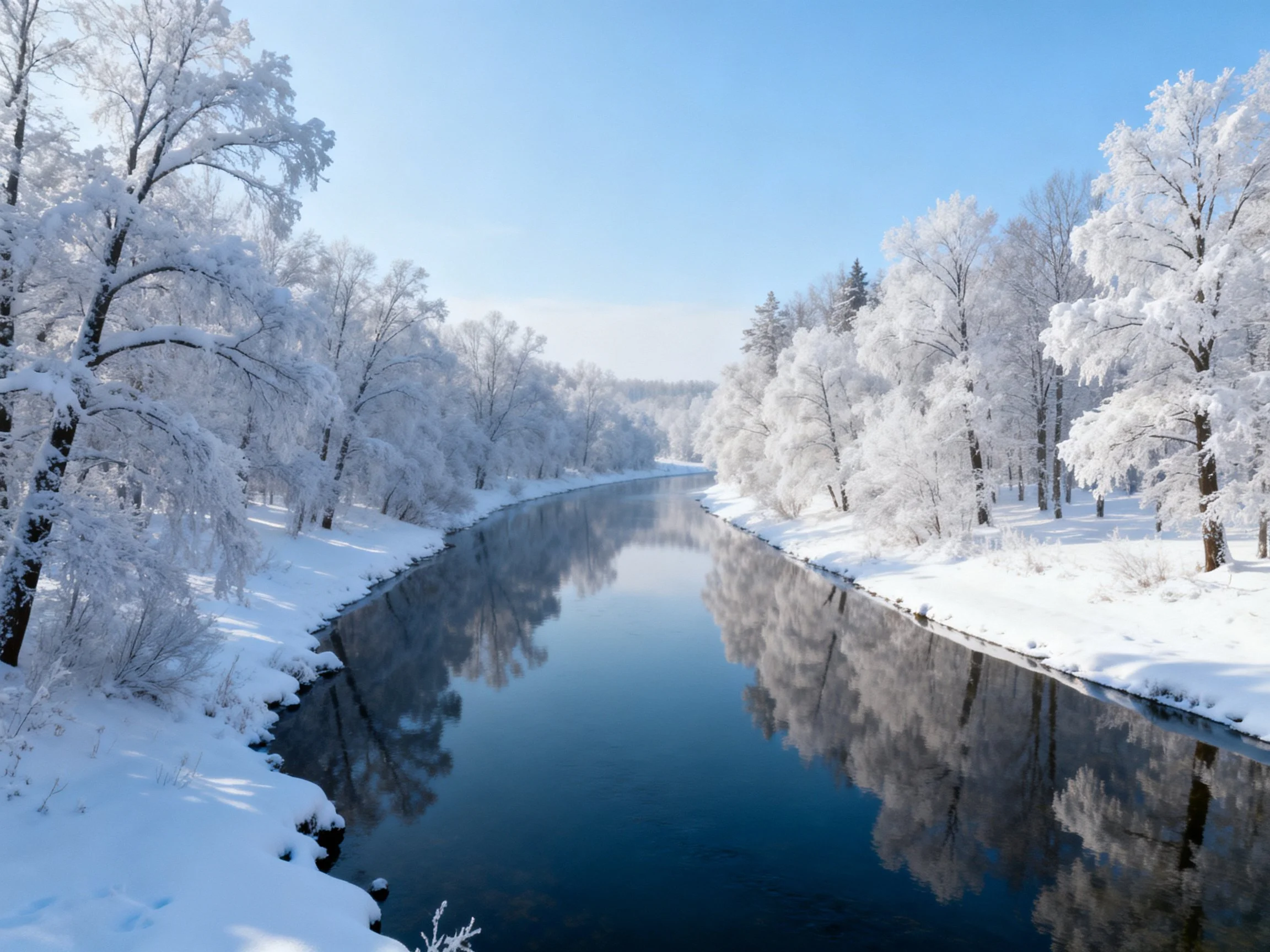 Snow-covered trees and a calm river reflect under clear winter skies