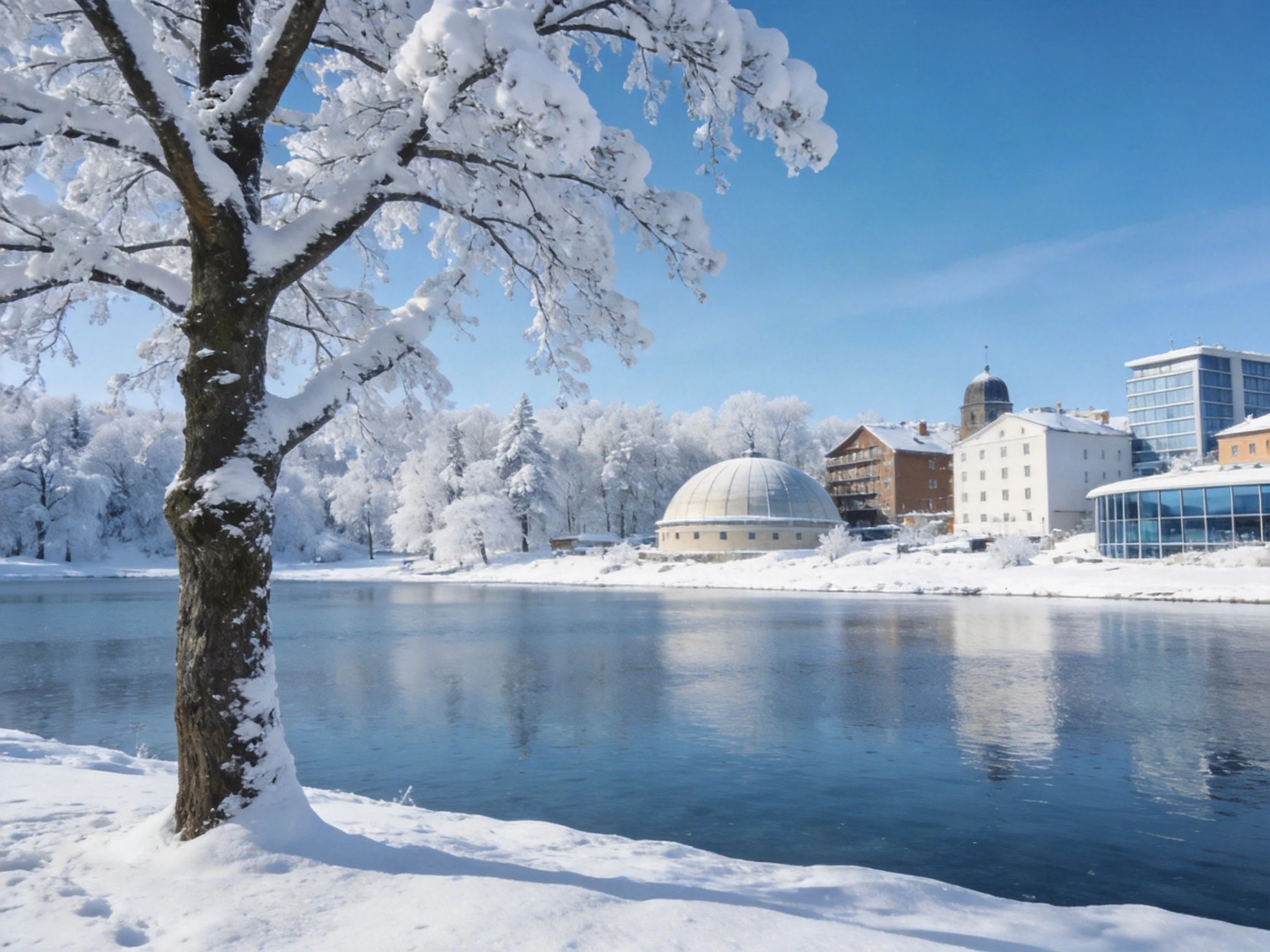 Snow-covered trees beside calm blue river near varied buildings