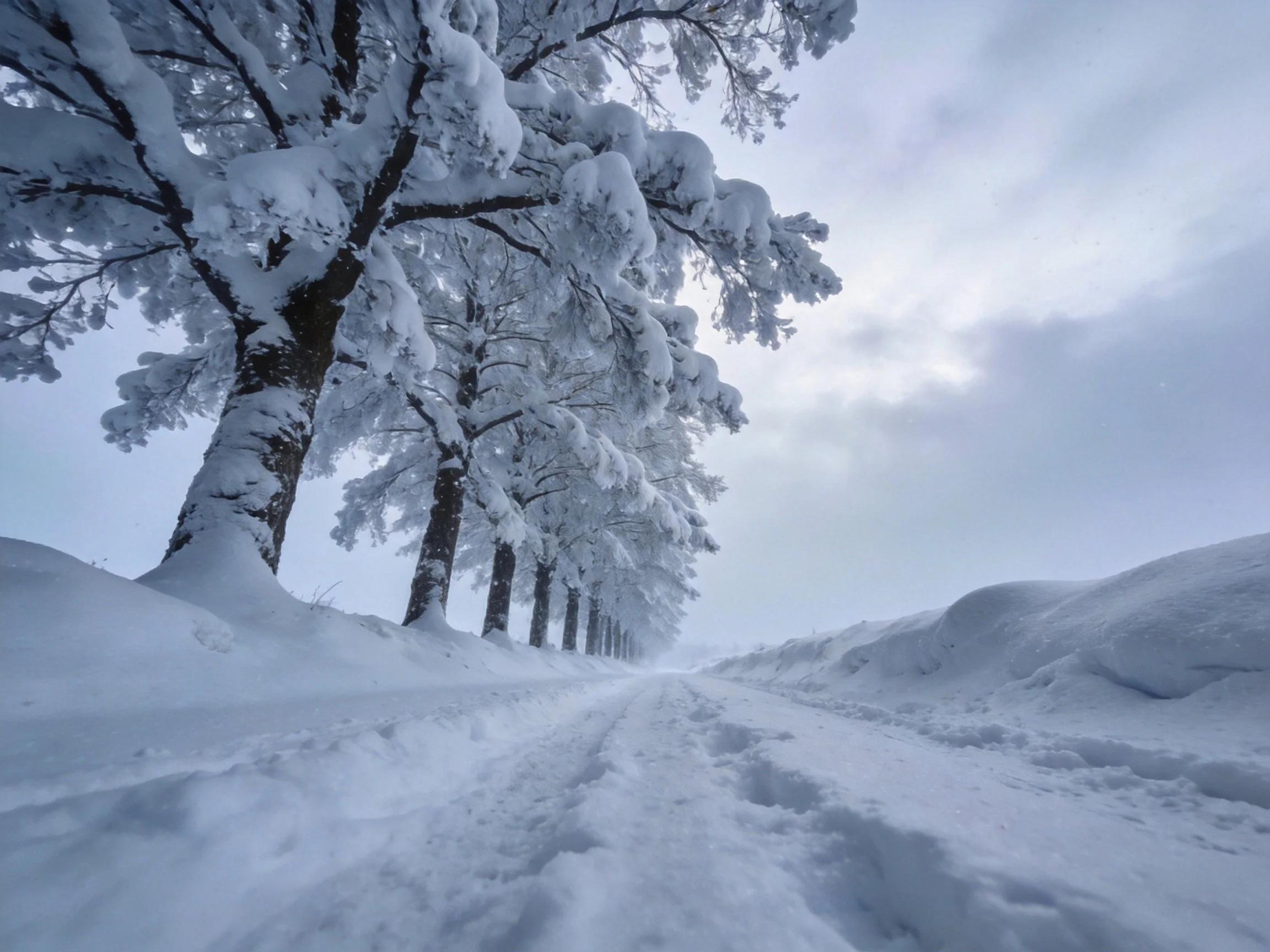 Snow-covered trees form a row along a cleared winter road under a gray sky