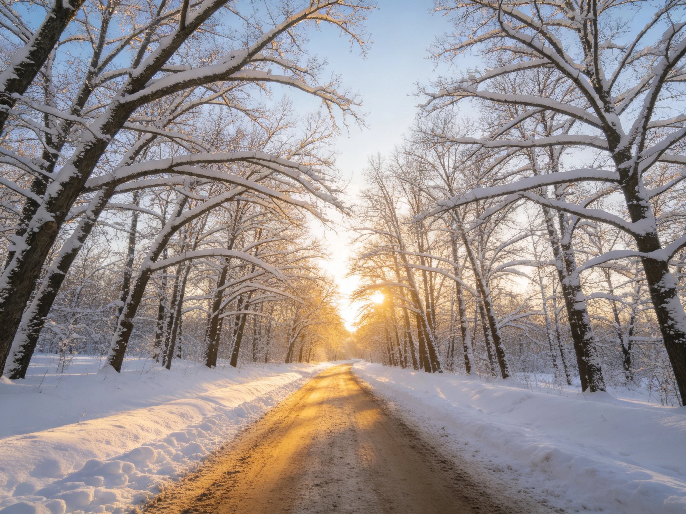 Snow-covered trees frame a sunlit winter forest path