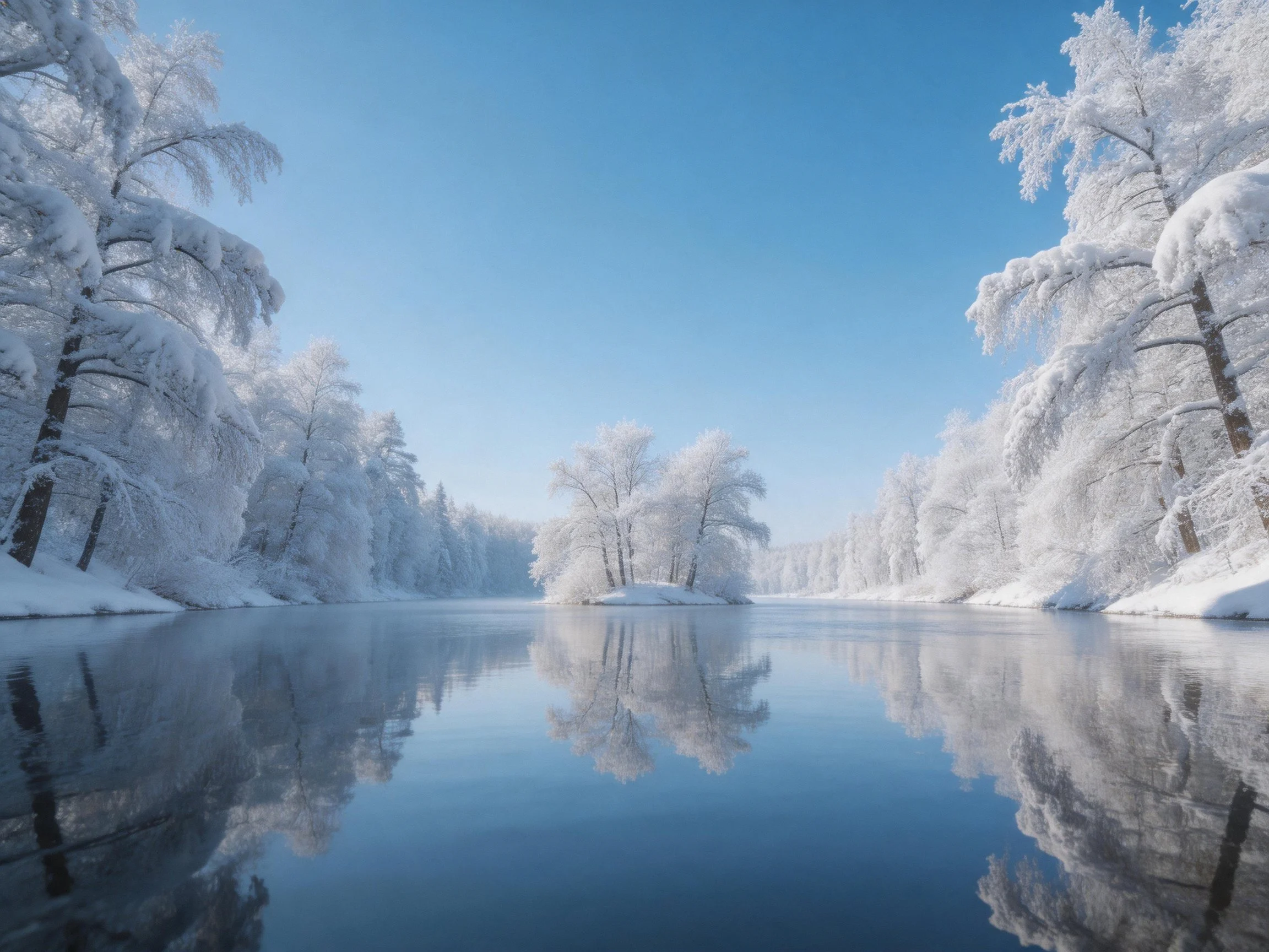 Snow-covered trees reflect on a calm river under clear blue sky