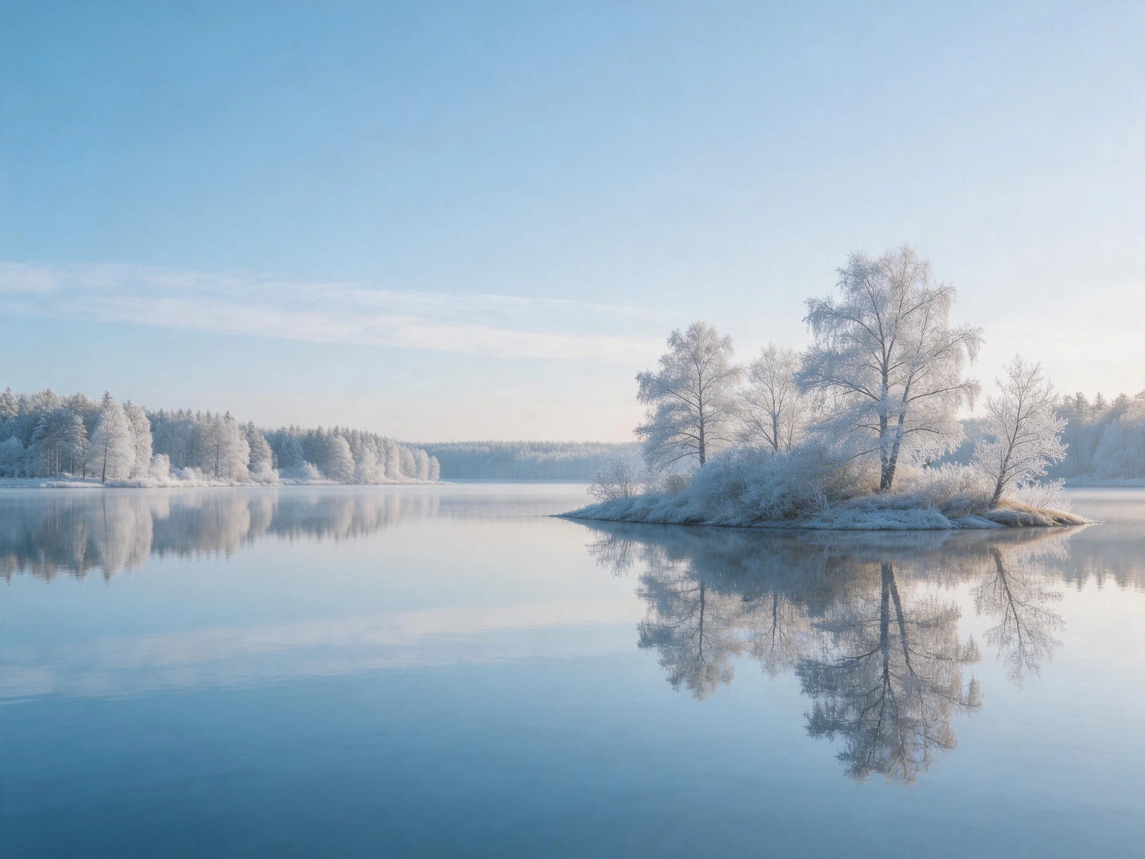 Snow-covered trees reflect perfectly in calm winter lake waters