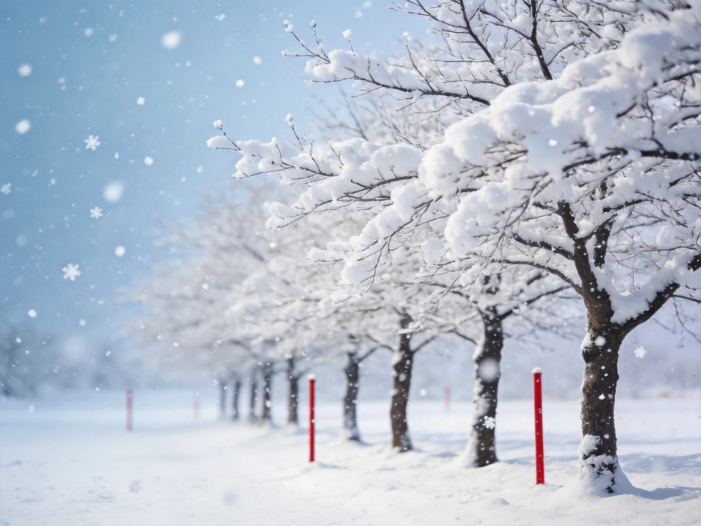 Snow-covered trees stand alongside red posts in a wintry landscape with falling snow