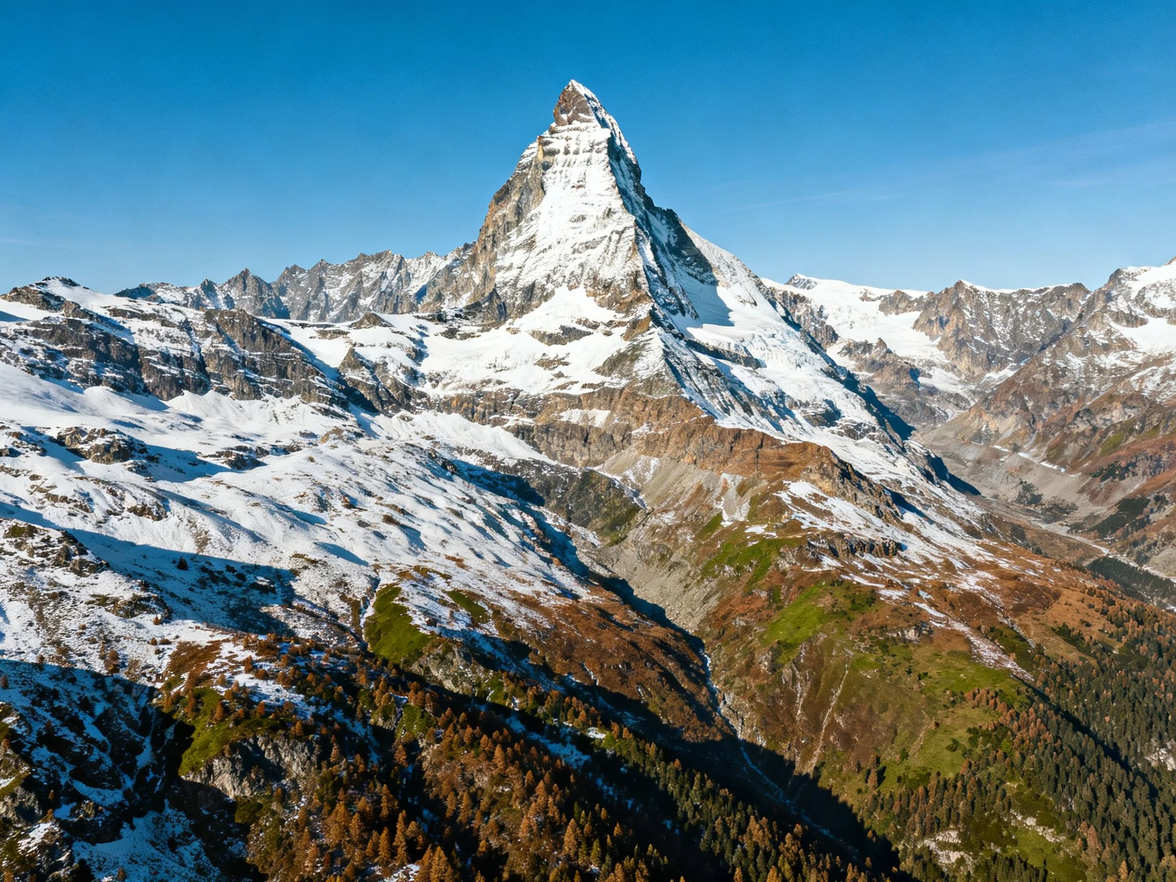 Snow-covered triangular mountain peak among alpine valleys and forests