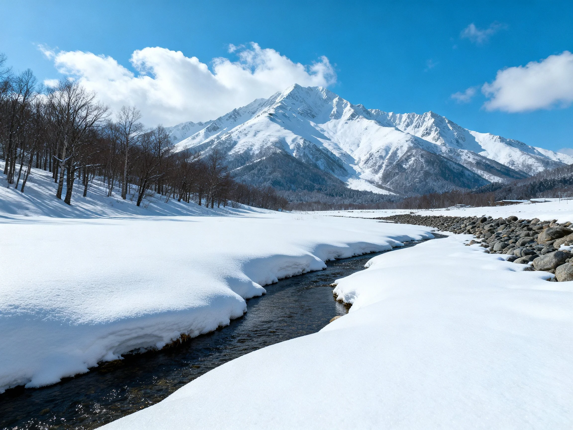 Snow-covered valley with a winding stream and towering mountains