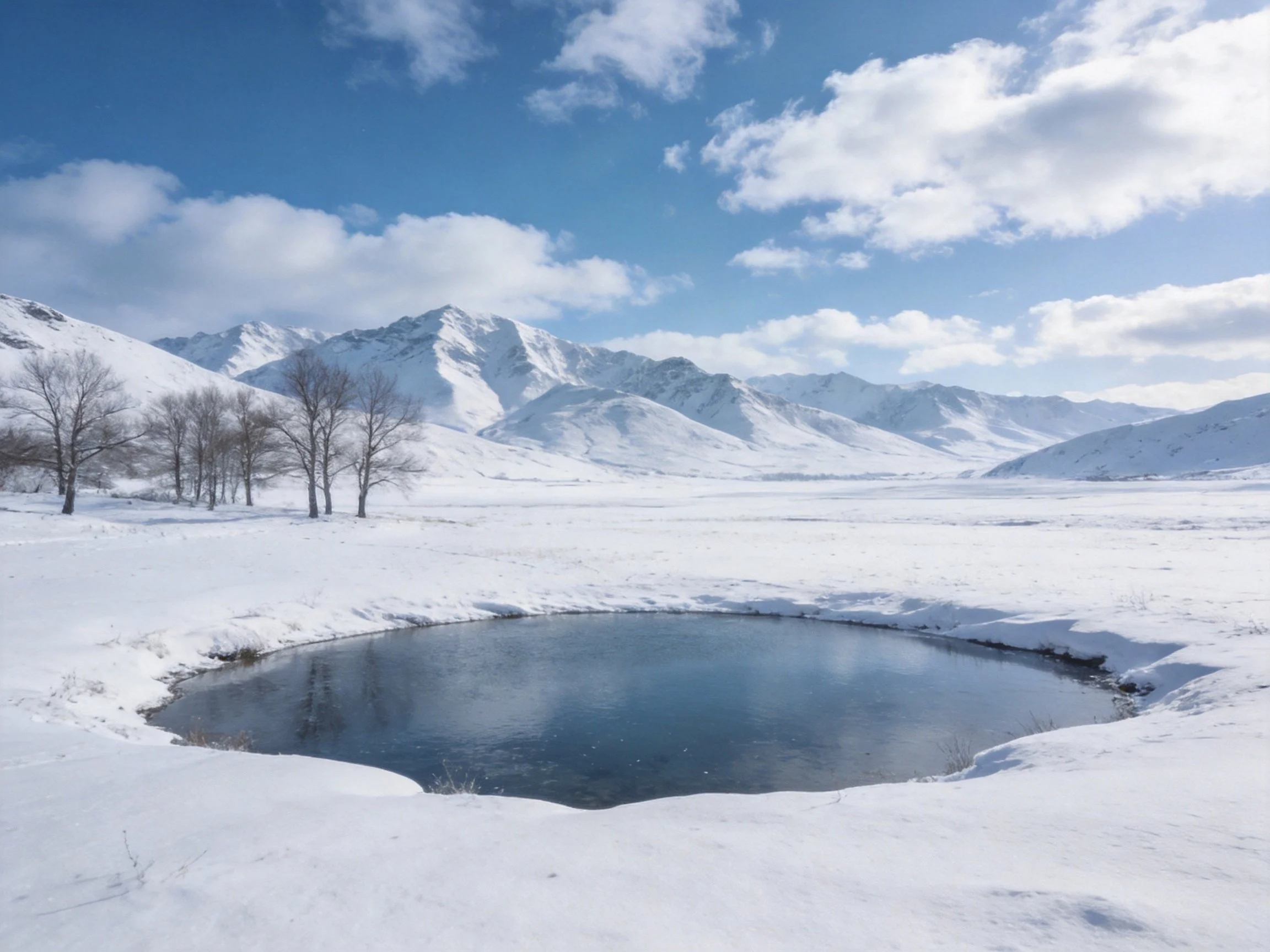 Snow - covered valley with frozen pond and distant mountain peaks