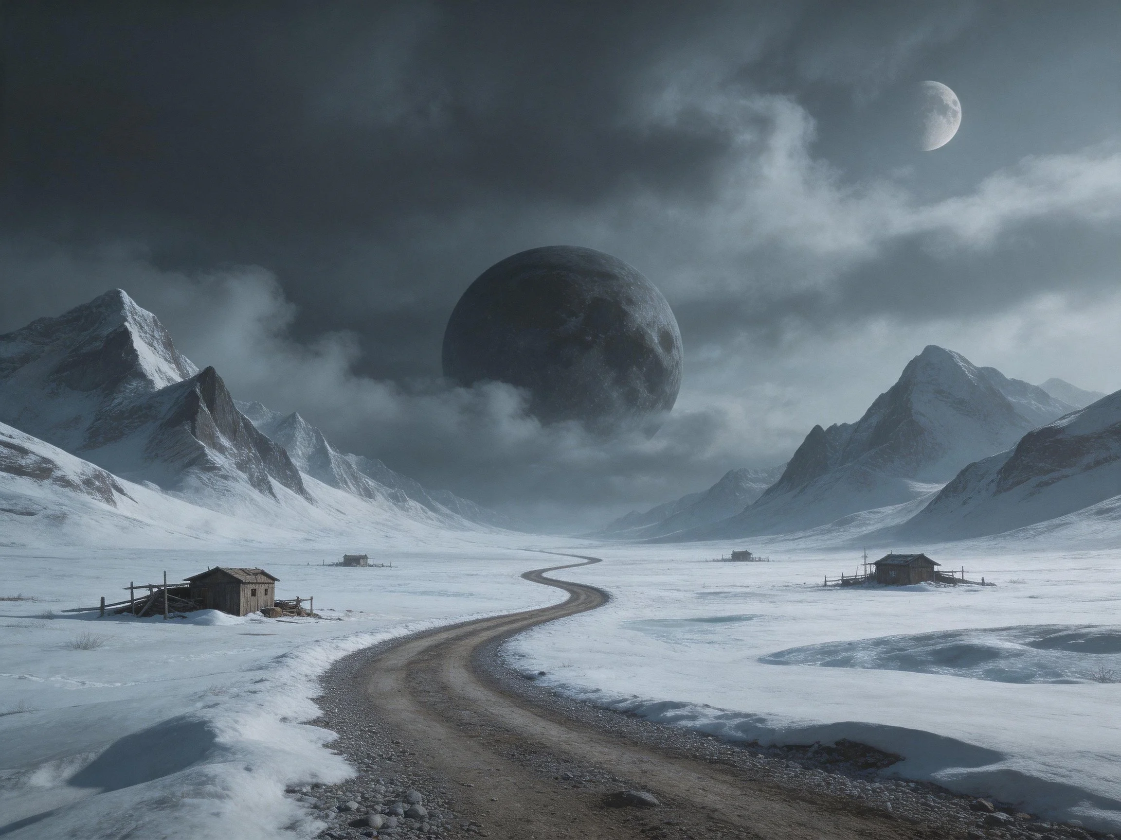 Snow - covered valley with winding road, small cabins, and giant celestial bodies