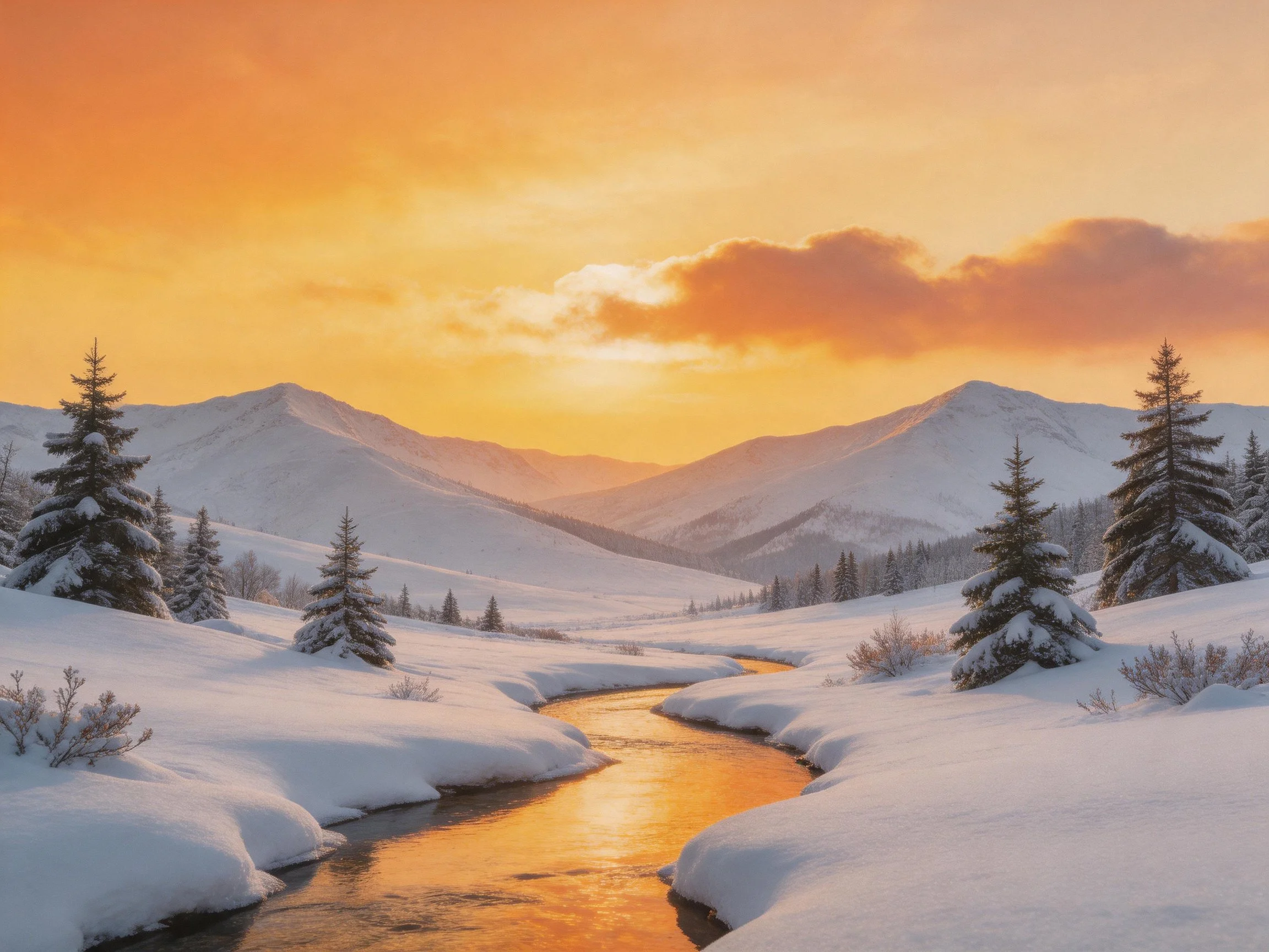 Snow-covered valley with winding stream and golden sunset